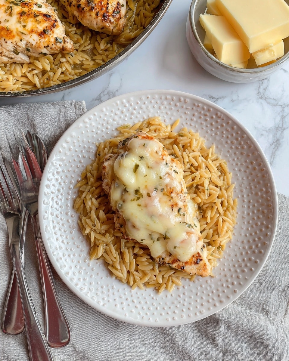 A white plate with small raised dots holds a single layer of light brown, cooked orzo pasta with a slightly glossy texture as the base. On top is one piece of grilled chicken covered by a melted, creamy layer of pale yellow cheese with some herbs visible through it. To the left side of the plate are two silver forks resting on a light gray cloth. In the upper left corner, a pan filled with more grilled chicken and orzo can be seen, and in the upper right, there is a small bowl with pale yellow cheese slices. The background shows a white marbled texture. Photo taken with an iphone --ar 4:5 --v 7