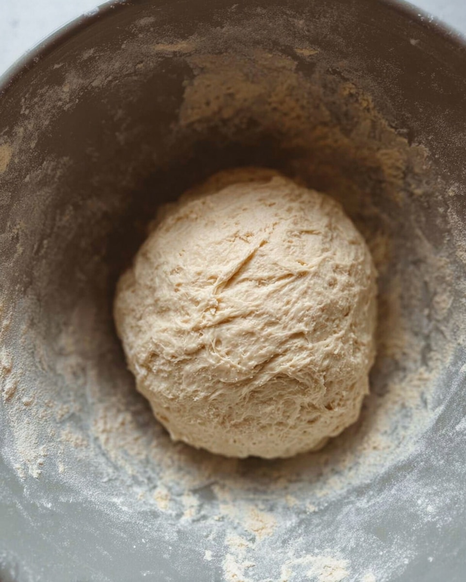 A close-up view of a single round ball of dough with a rough, slightly uneven texture inside a large gray mixing bowl. The dough is pale beige, and the bowl has some remnants of flour and dough stuck to its sides. The overall setting is plain with a focus on the dough's texture and shape. The background is a white marbled texture. photo taken with an iphone --ar 4:5 --v 7