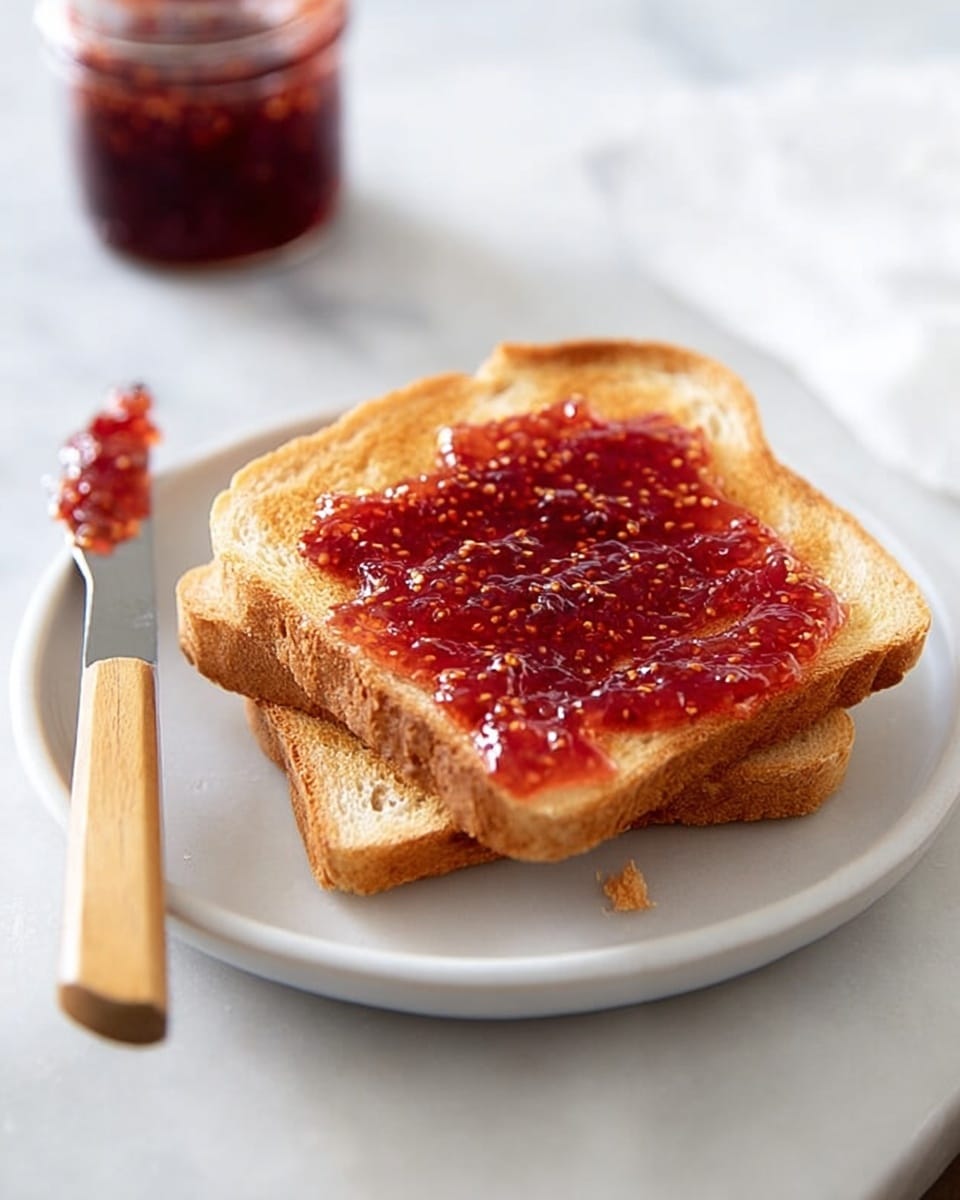 A white plate set on a white marbled surface holds two toasted bread slices stacked slightly askew. The top slice is spread with a thick layer of bright red jam with visible fruit seeds and chunks, giving it a textured look. To the plate’s left lies a knife with a light wooden handle, smeared with some jam on its blade tip. In the blurred background, there is a jar of the same jam. photo taken with an iphone --ar 4:5 --v 7