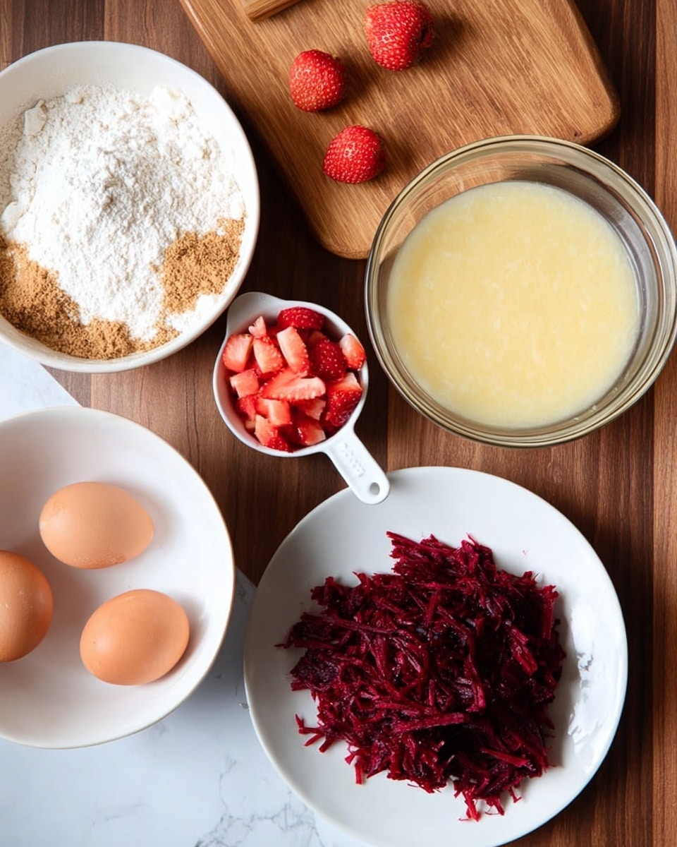 The image shows a top view of various baking ingredients arranged neatly on a wooden surface with a white marbled texture. There is a white bowl on the left side filled with dry ingredients like flour and brown sugar. Near the center, there is a clear glass bowl with a smooth, pale yellow liquid mixture. Below the glass bowl, a white plate holds a heap of shredded deep red beetroot. To the upper right side, a small white measuring cup filled with chopped bright red strawberries sits next to a wooden cutting board with more chopped strawberries scattered on it. Two brown eggs are placed next to the white bowl. The scene gives a clean, organized look with fresh ingredients ready for baking, photo taken with an iphone --ar 4:5 --v 7