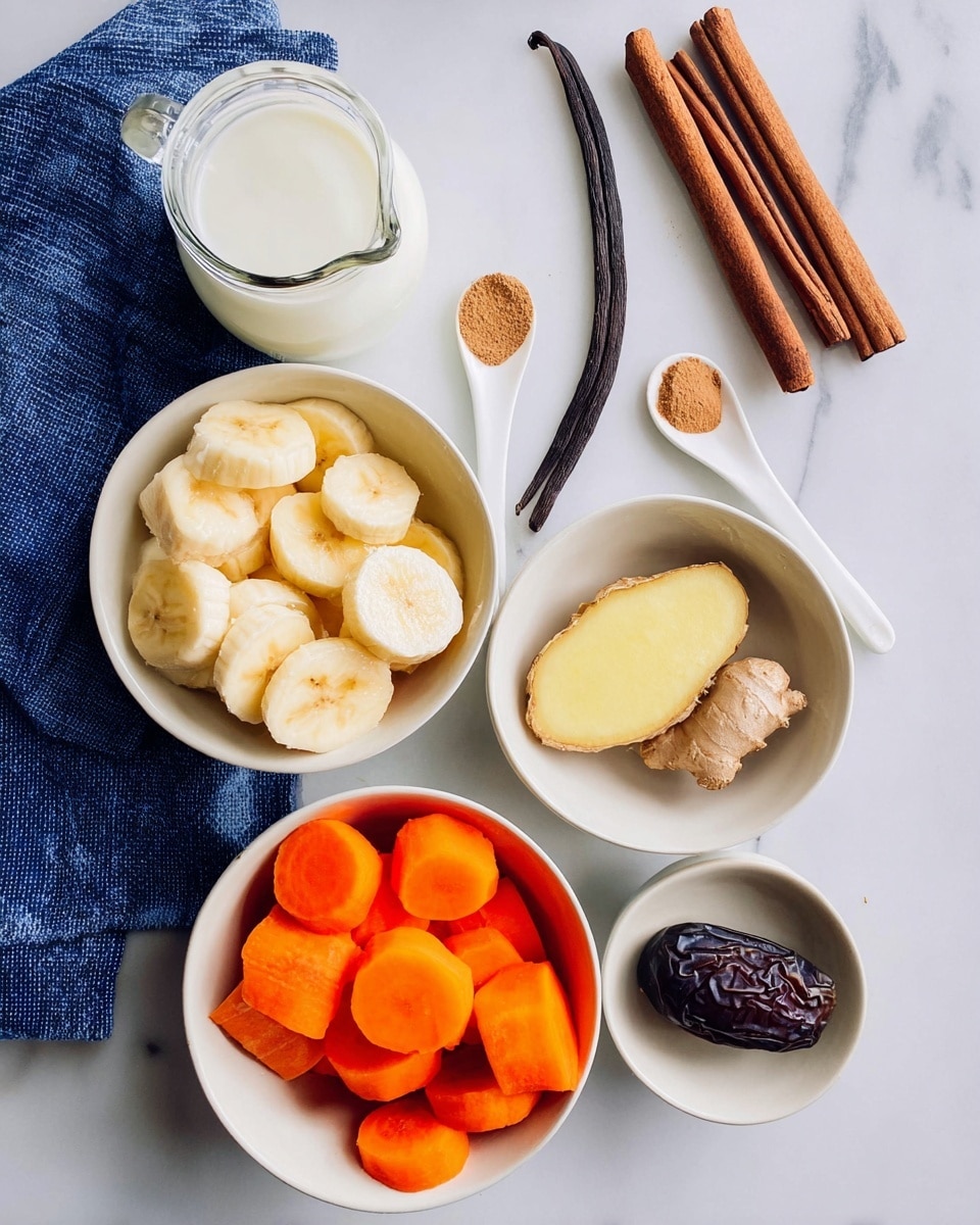 The image shows six bowls on a white marbled surface with ingredients neatly arranged. In the top right white bowl, there are two brown cinnamon sticks and one long dark vanilla bean next to a white spoon holding brown powder. To its left is a white bowl filled with sliced yellow bananas. Below it is a bowl with bright orange sliced carrots. Next to the carrots is a white bowl with a piece of ginger root and a ginger slice that is pale yellow on the inside. Below the ginger bowl is a small plain white bowl containing a single dark brown date. To the far left, there is a glass jug filled with white milk and a blue cloth napkin nearby. photo taken with an iphone --ar 4:5 --v 7