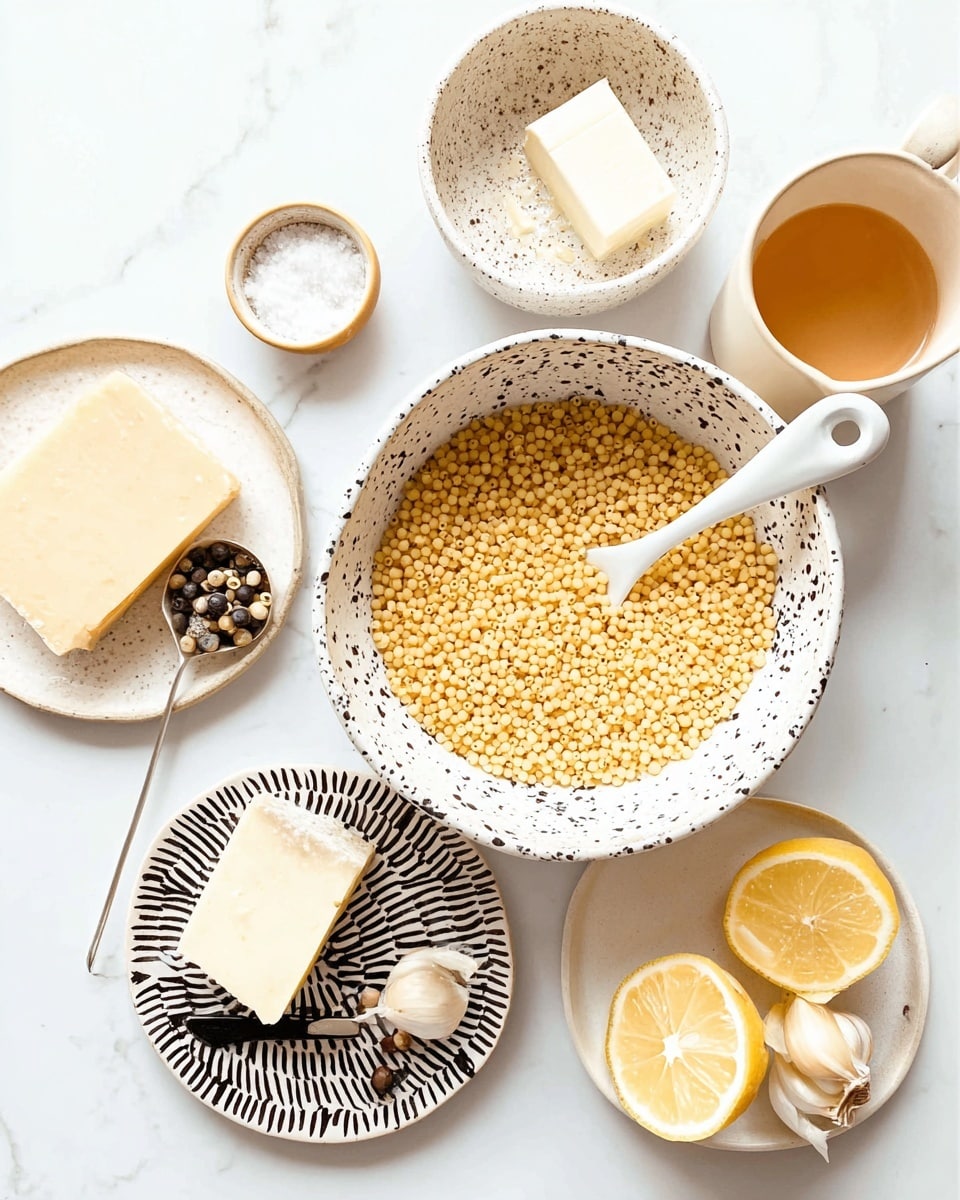 The image shows a top-down view of several bowls and plates with different ingredients laid out on a white marbled surface. In the middle, there is a white bowl with black speckles filled with small yellow round pasta pearls, and inside the bowl, a white spoon with a hole at the end is resting. Above it to the right is a small white speckled bowl with a stick of light cream butter. To the right of that bowl is a white speckled cup filled with a light amber liquid. To the left of the pasta bowl, there is a small white speckled plate with a thick wedge of pale yellow cheese. Above it to the left is a small bowl with a black big spoon filled with coarse salt. Beside that is a small bowl rimmed in yellow holding two garlic cloves. Below the pasta bowl, there is a round black and white plate with a zigzag pattern holding two lemon halves, one showing the seeds inside. The whole scene is bright and clean. photo taken with an iphone --ar 4:5 --v 7