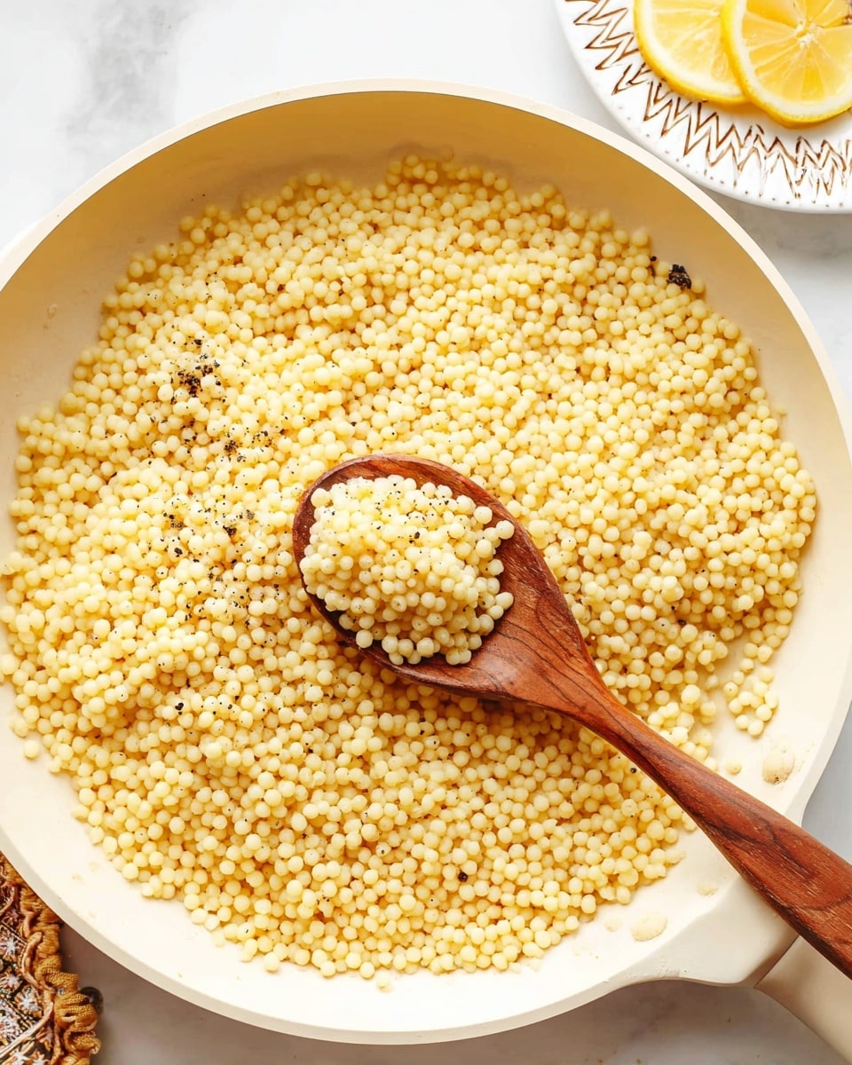 The image shows a white pan filled with a single layer of small, round, pale yellow couscous grains that look soft and slightly sticky. A wooden spoon is lifting a small scoop of the couscous from the center of the pan, showing the grain texture clearly. Black pepper specks are scattered over the couscous, adding contrast to the light yellow color. In the top right part of the image, there is a partial view of a white plate with a zigzag pattern holding a few lemon wedges. The pan is placed on a white marbled surface. photo taken with an iphone --ar 4:5 --v 7