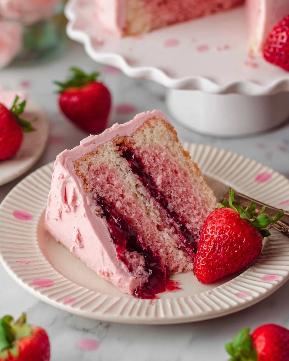 A slice of two-layer pink cake with a soft, fluffy texture, sits on a white plate with a ridged edge and pink spots. The cake layers are light pink and separated by a middle layer of dark red jam, which slightly oozes out at the bottom. The cake is covered with light pink frosting on the sides and top. Fresh red strawberries with green leaves rest next to the cake on the plate. The scene is set on a white marbled surface with more strawberries scattered around and another piece of pink cake on a white scalloped plate in the background, photo taken with an iphone --ar 4:5 --v 7