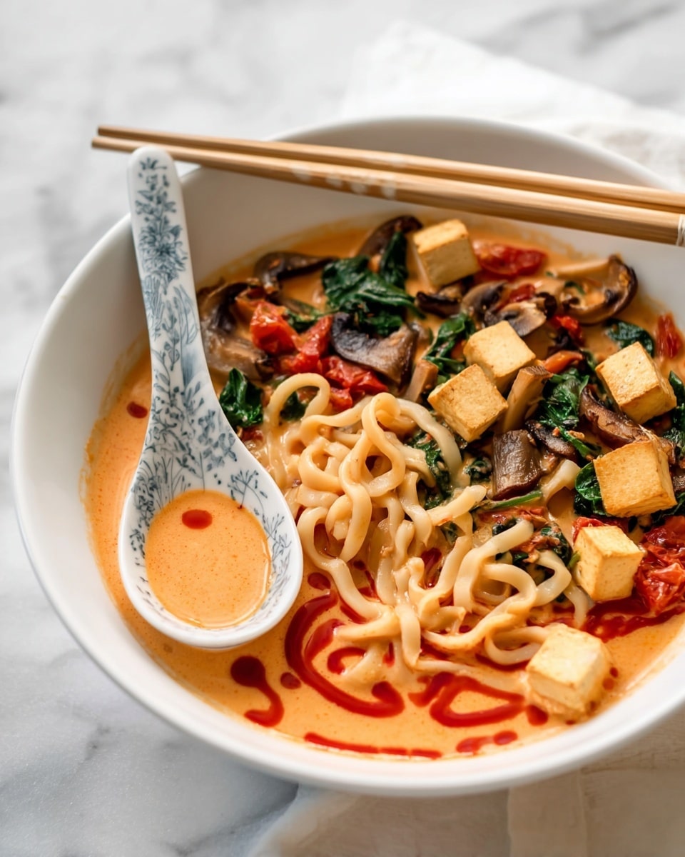 The image shows a white bowl filled with three layers of food. The bottom layer is creamy orange soup with a smooth texture and red swirls of sauce on top, held by a white spoon with blue patterns resting on the edge of the bowl. The middle layer consists of thick, light beige noodles mixed with small cubes of light yellow tofu and pieces of green spinach. The top layer has red tomato pieces, dark brown mushrooms, and small bits of red chili flakes scattered across the dish. A pair of light brown wooden chopsticks rest on the bowl’s edge, all placed on a white marbled surface. Photo taken with an iphone --ar 4:5 --v 7