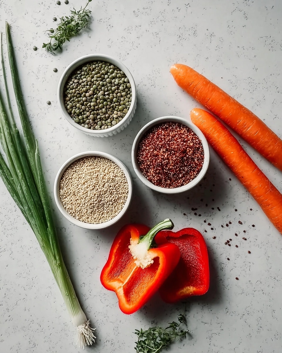The image shows three small white bowls placed on a white marbled surface. The top bowl contains green lentils, the middle bowl holds red quinoa, and the bottom bowl has light beige quinoa. To the right of the bowls, there are two whole carrots with green tops and one red bell pepper cut into three pieces, showing the red inner flesh. On the left side, there are two green onions. Some green herbs are placed near the carrots. The photograph is bright and clear with simple, fresh ingredients arranged neatly. Photo taken with an iphone --ar 4:5 --v 7
