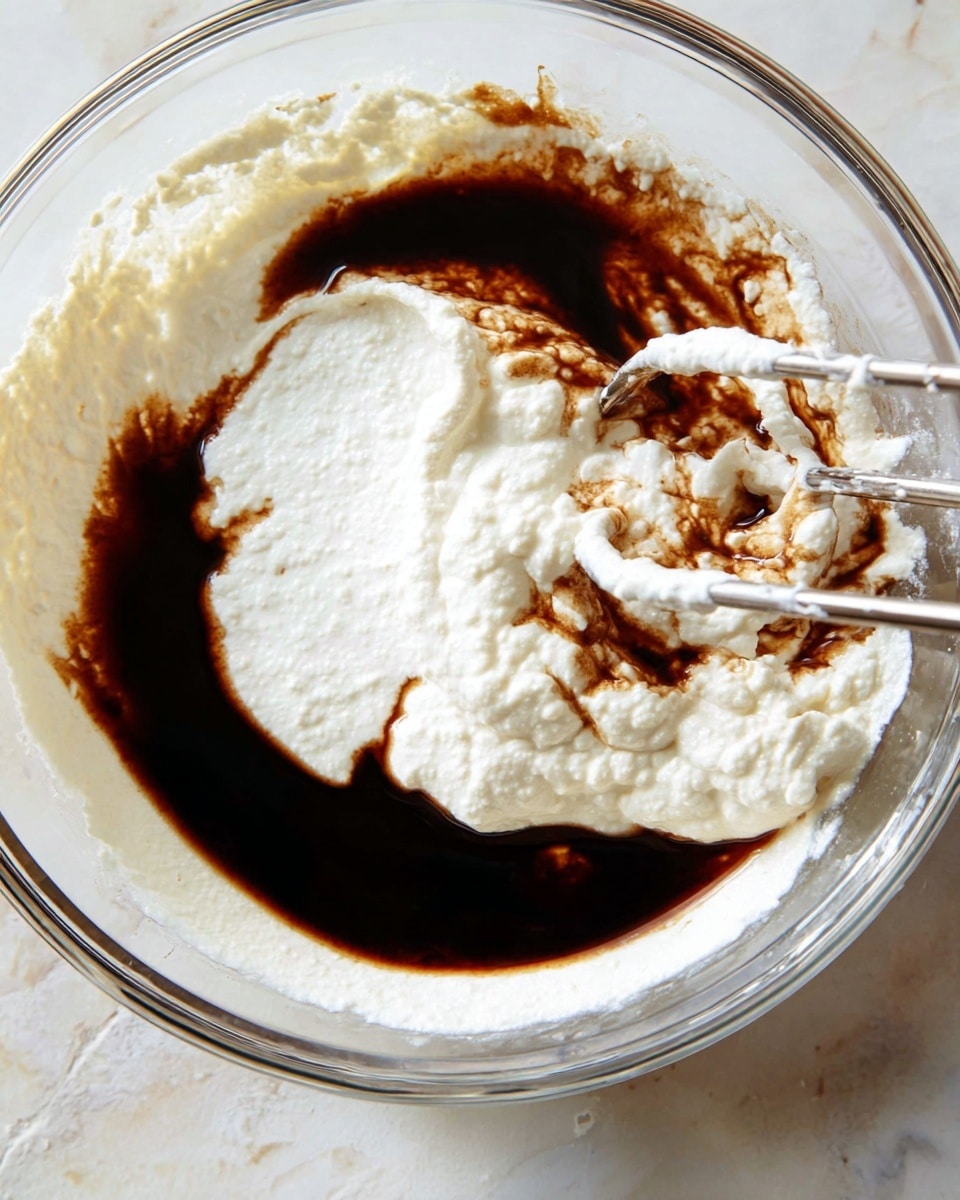 A clear glass bowl filled with two main layers: a thick white creamy layer around the edges and a dark brown liquid layer poured into the center. The white creamy layer has a soft, fluffy texture. Two silver beaters, covered with some of the white cream and streaks of the dark brown liquid, are partially dipped into the bowl from the right side. The bowl sits on a white marbled surface. photo taken with an iphone --ar 4:5 --v 7
