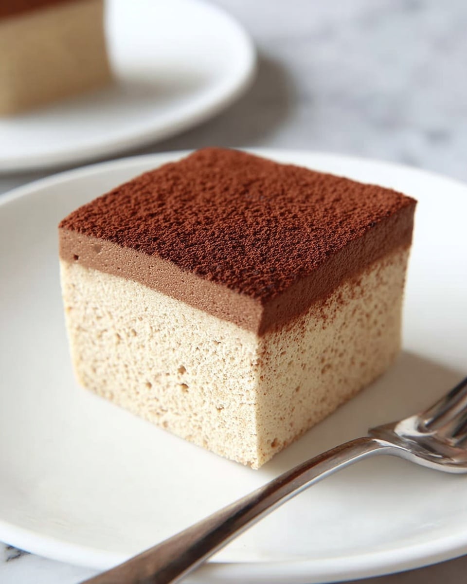 A small cube-shaped dessert sits on a clean white plate, with a light brown, spongy layer forming the body of the cake. On top, there is a thin, smooth dark brown layer, dusted with a fine powder of cocoa, giving it a slightly rough texture. The plate rests on a white marbled surface, and a shiny silver fork lies beside the dessert on the plate. Photo taken with an iphone --ar 4:5 --v 7