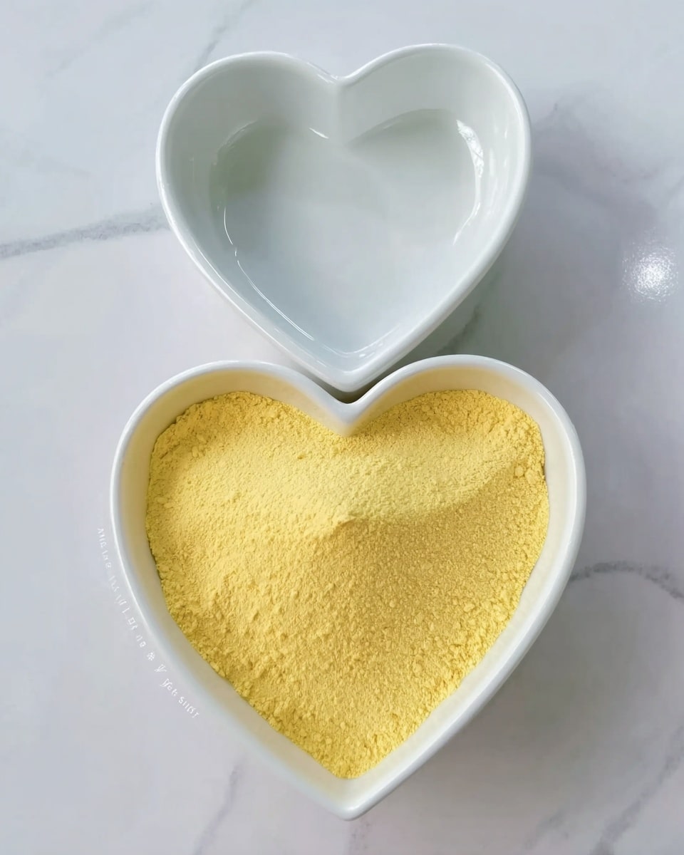 The image shows two white heart-shaped bowls stacked with one empty at the top and the bigger one filled with a layer of fine yellow powder, placed on a white marbled surface. The yellow powder looks smooth and soft, filling the bowl evenly. The bowls are clean and the background is bright with a clear light reflection. photo taken with an iphone --ar 4:5 --v 7