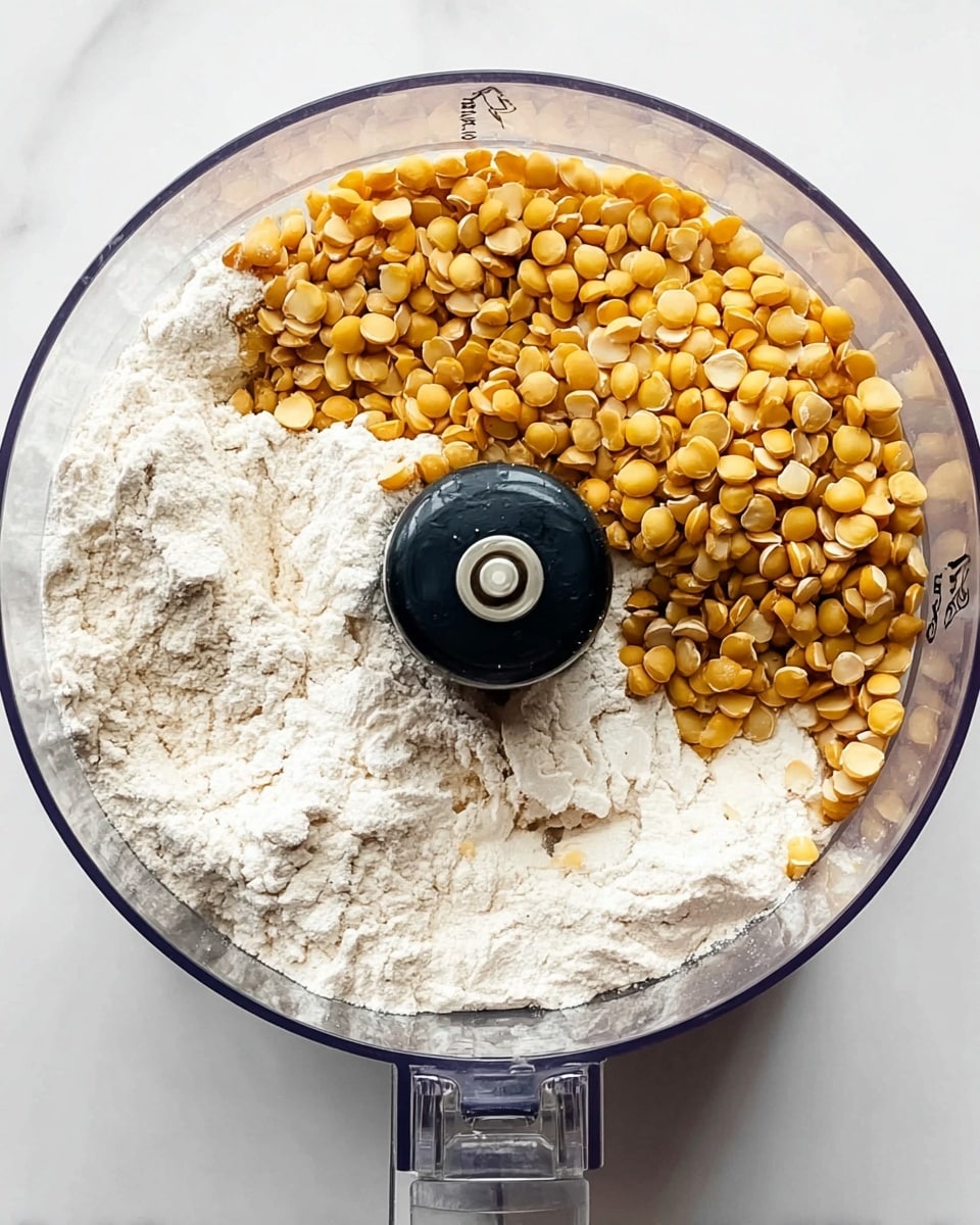 A clear food processor bowl placed on a white marbled surface contains multiple layers of ingredients before mixing. One layer is a heap of small, split yellow lentils clustered on the top right side, soft in texture and round in shape. Below and beside the lentils are several uneven piles of dry white flour with a powdery texture, covering most of the bottom half of the bowl. The center features a small black circular blade assembly attached to the processor bowl. The overall look shows dry ingredients ready for blending in a clean and bright setting. Photo taken with an iphone --ar 4:5 --v 7