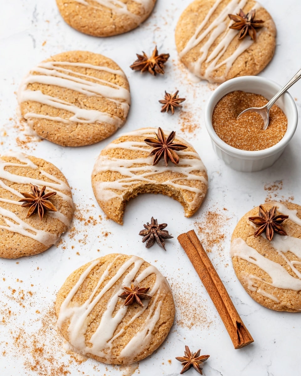 Several round, golden-brown cookies with a sugar coating are spread on a white marbled surface. Each cookie has thin, white icing lines across the top, with a star anise piece placed on some cookies as decoration. One cookie near the center has a bite taken out of it, revealing a soft texture inside. A small white bowl filled with cinnamon powder and a spoon sits among the cookies. Two cinnamon sticks rest nearby, and loose cinnamon powder is sprinkled lightly around the scene. Photo taken with an iphone --ar 4:5 --v 7