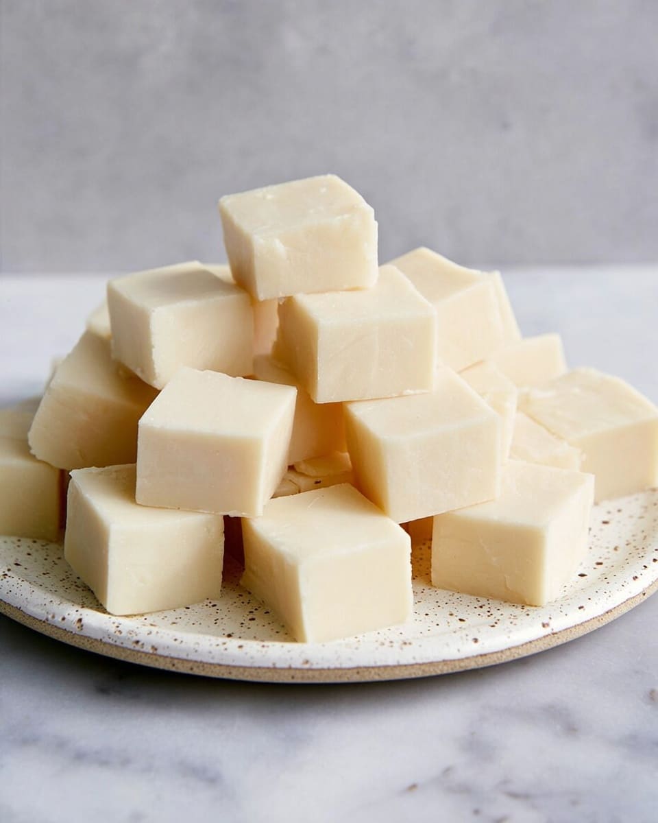 The image shows many pale cream-colored cubes stacked closely together on a white speckled plate, each cube smooth with slightly shiny surfaces and sharp edges. The cubes are arranged in several small layers, some resting on top of others, giving a sense of depth. The plate sits on a white marbled surface with light grey veins visible underneath, adding a soft textured background to the simple presentation. Photo taken with an iphone --ar 4:5 --v 7