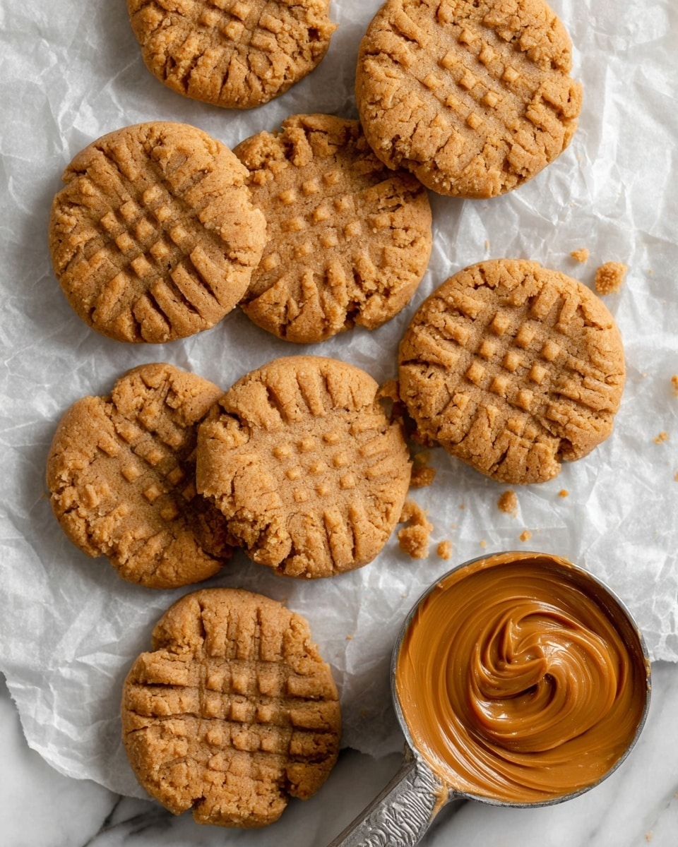 The image shows several round peanut butter cookies with a light brown color and a crisscross pattern on top, laid out on white parchment paper. The cookies have a slightly rough texture with small cracks and look soft and thick. To the right side, there is a silver measuring cup filled with smooth, creamy peanut butter, with a rich caramel shade and a swirl on the surface. The whole scene is set on a white marbled surface. photo taken with an iphone --ar 4:5 --v 7