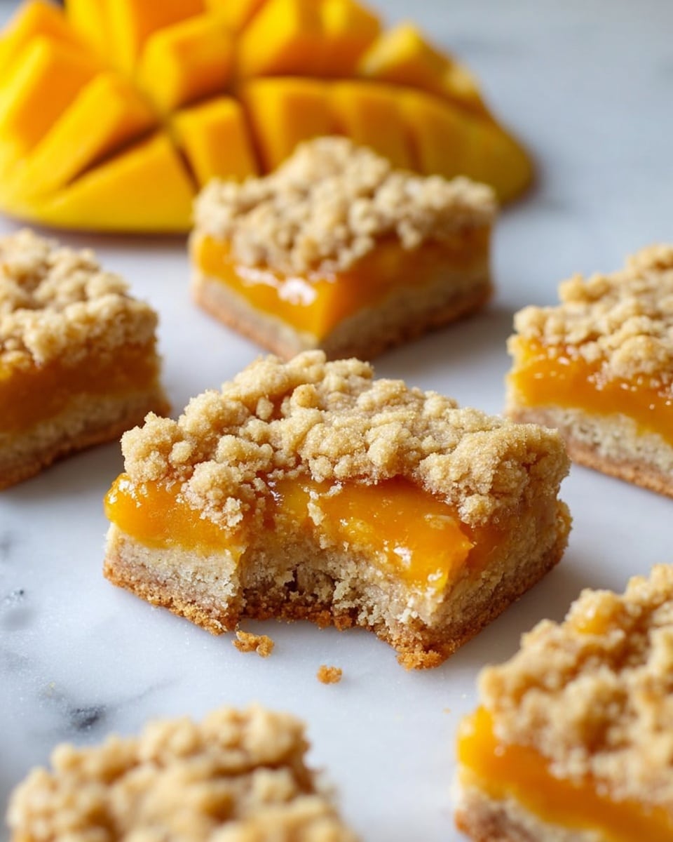 The image shows square crumb bars with three layers: the bottom layer is dense and light brown, the middle layer is a bright orange fruit filling, and the top layer is crumbly with a golden brown color. One bar in the center has a bite taken out of it, showing the thick orange filling oozing slightly. Around the bars, there is a white marbled surface, and in the background, there is a sliced mango arranged in a grid pattern with a bright, fresh orange color. The focus is on the bars with a soft blur on the background elements, photo taken with an iphone --ar 4:5 --v 7