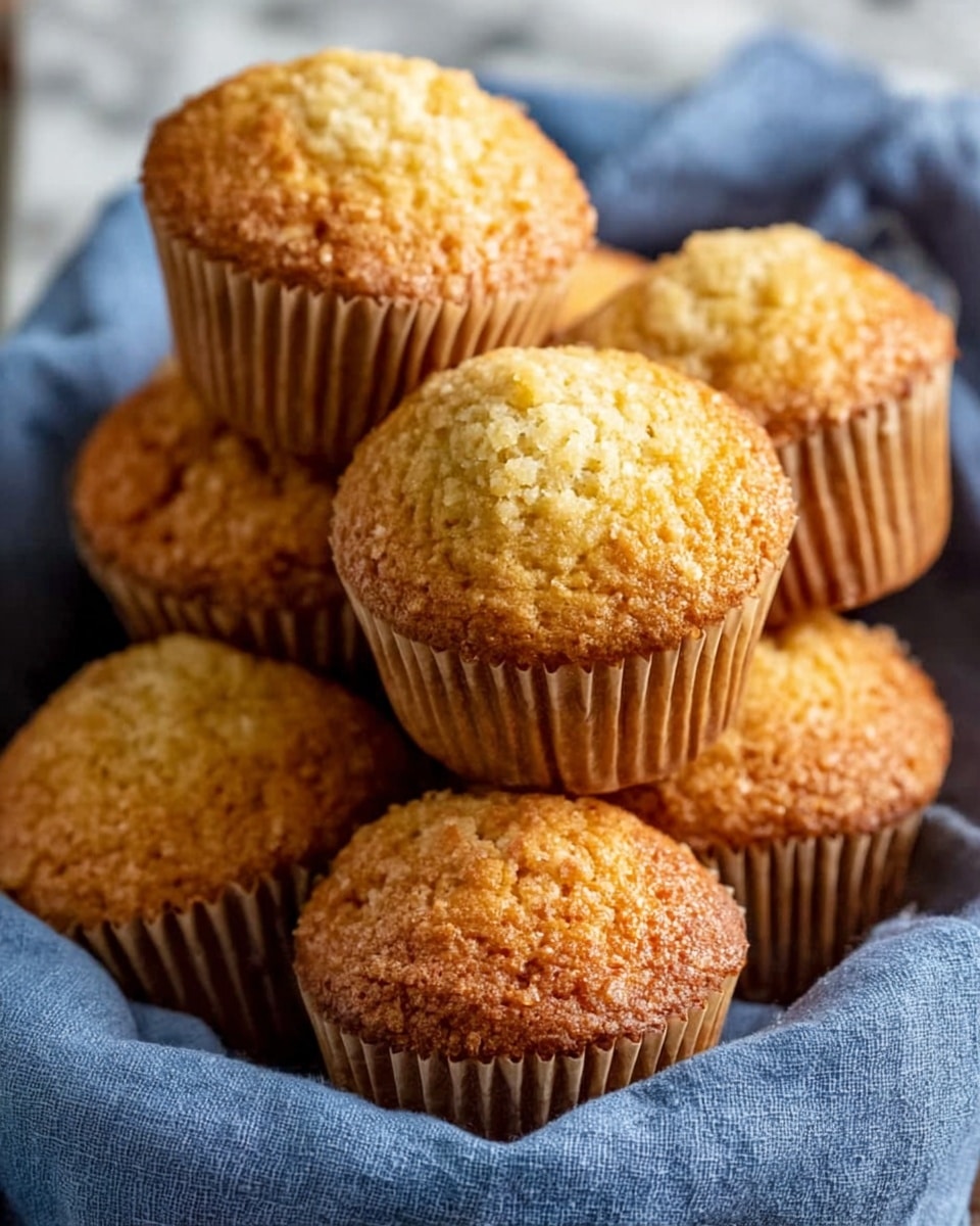 The image shows a close-up view of seven golden brown muffins piled together. Each muffin has a slightly rough, crumbly top with a light, grainy texture and a soft, spongy look below. The muffins are wrapped in beige paper liners with vertical ridges. They are all placed inside a blue cloth-lined container, which contrasts gently with the muffins' warm color. The backdrop features a blurred white marbled surface. photo taken with an iphone --ar 4:5 --v 7