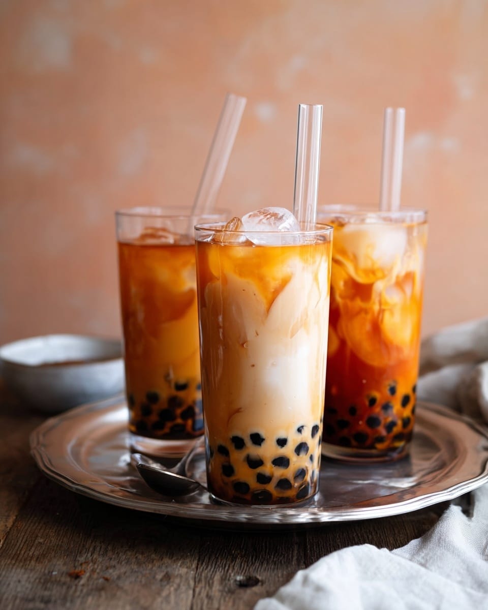 Three tall clear glasses filled with layered bubble tea are placed on a silver tray on a wooden surface. Each glass has a layer of black tapioca pearls settled at the bottom, followed by a thick creamy light beige layer with swirls of dark amber tea blending into the cream, topped with small ice cubes. Clear bent straws are placed in each glass. The background has a smooth, soft peach color, and the overall setting feels cozy and inviting. photo taken with an iphone --ar 4:5 --v 7