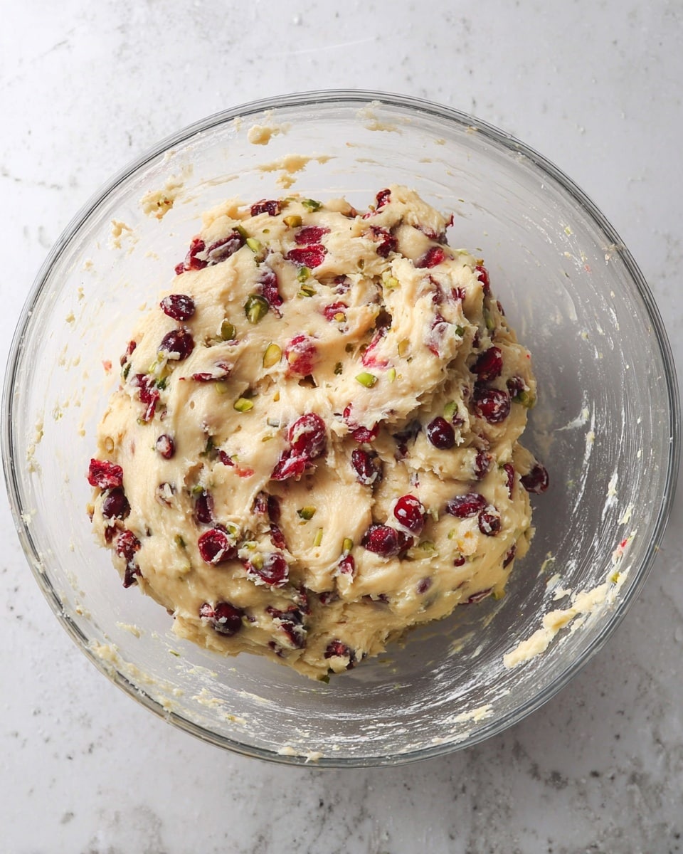 A clear glass bowl filled with thick, creamy dough that has a pale yellow color mixed with many bright red cranberries and small green nut pieces spread throughout. The dough looks soft and sticky with some parts stuck to the sides of the bowl. The bowl is placed on a white marbled surface. photo taken with an iphone --ar 4:5 --v 7