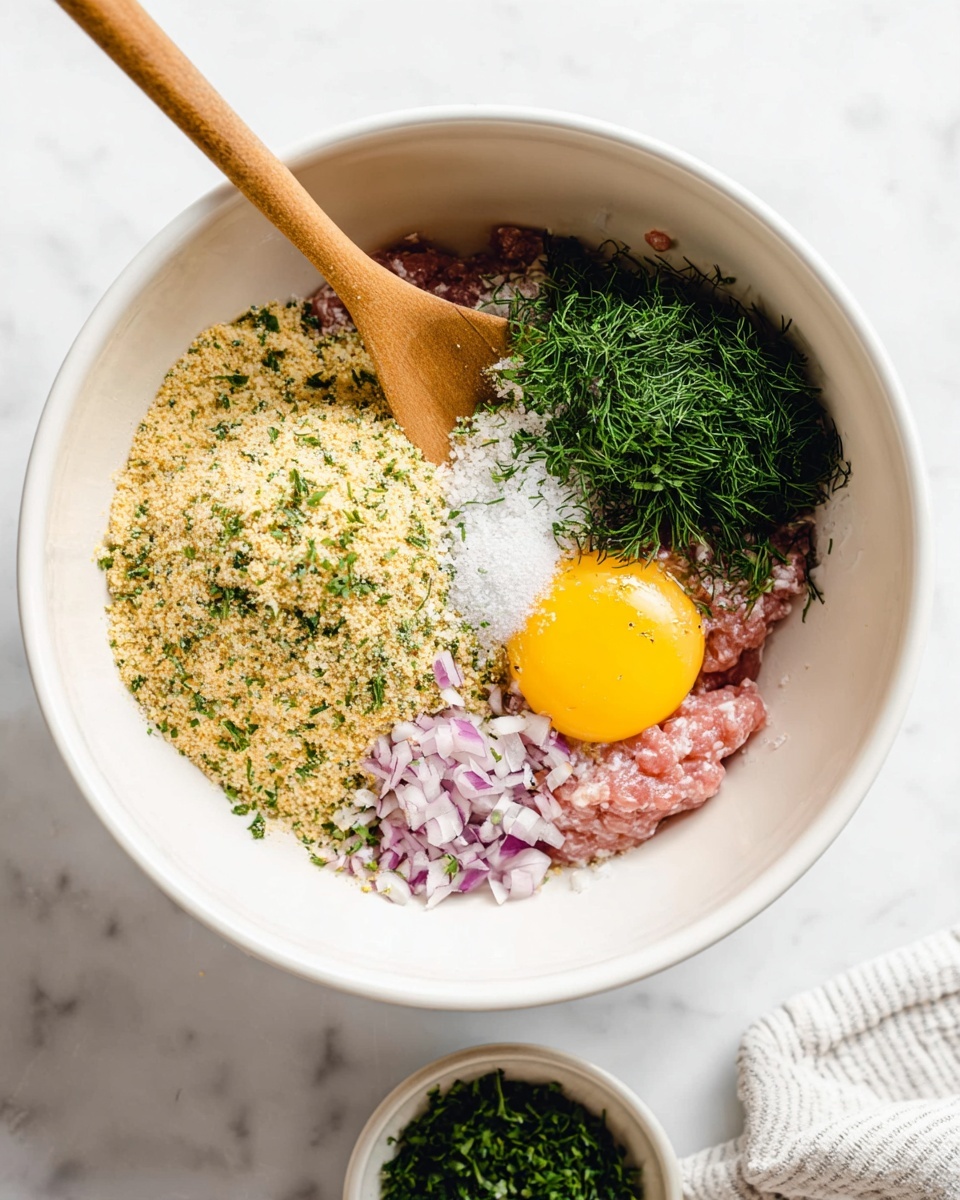 A white bowl with a mix of raw light pink ground meat forming the base layer, topped with a bright yellow raw egg yolk on the right side near the edge. Near the top, there is a pile of finely chopped green herbs, likely dill. Scattered around the bowl are small pieces of red onion, black pepper, and white salt. On the left side of the bowl, there is a mound of light brown breadcrumbs with green herbs sprinkled on top. A wooden spoon with a light color is placed partially in the bowl near the egg yolk. The bowl sits on a white marbled surface with a small white bowl of herbs below. Photo taken with an iphone --ar 4:5 --v 7