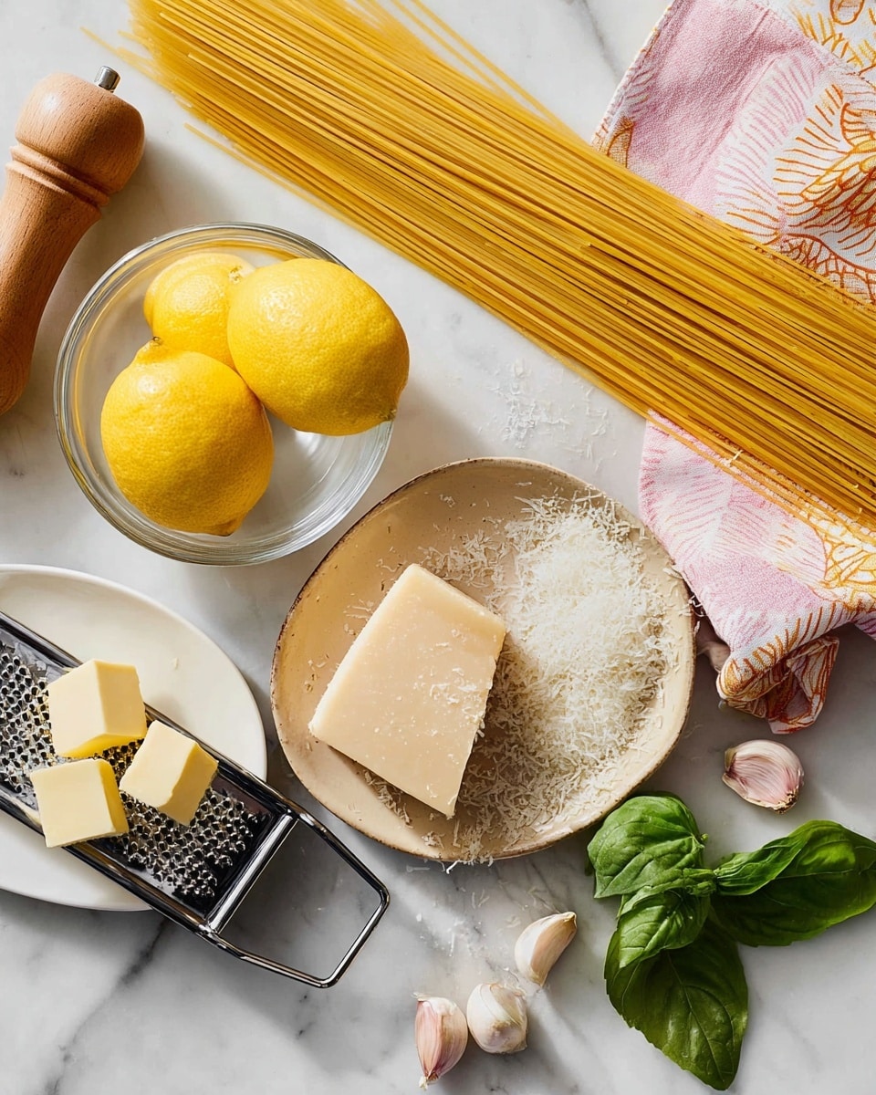 The image shows fresh ingredients laid out on a white marbled surface. There is a bundle of uncooked yellow spaghetti strands placed diagonally. A clear glass bowl with two bright yellow lemons sits near the spaghetti. A white plate at the top contains three light yellow cubes of butter. To the right of the plate, a pink, white, and orange patterned cloth is folded. Near the bottom right corner, a few green basil leaves and some garlic cloves with papery skins are scattered. A beige ceramic plate holds a block of parmesan cheese with a firm texture and light brown rind, along with some freshly grated parmesan piled beside it. A silver cheese grater rests on the plate partly over the grated cheese. A wooden pepper grinder is partially visible at the top left. Photo taken with an iphone --ar 4:5 --v 7