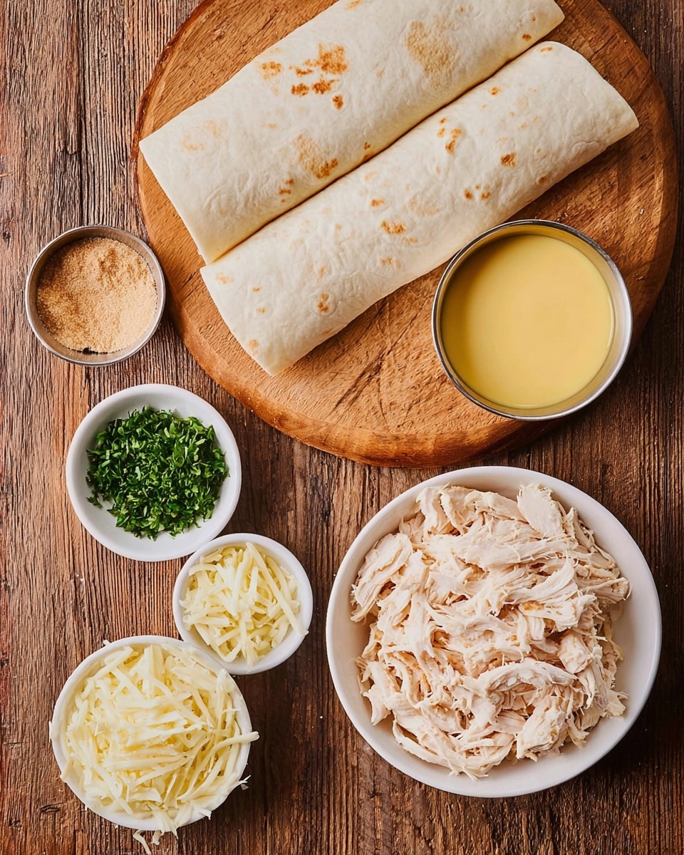 Two white rolled tortillas are placed side by side on a round wooden board, showing soft and smooth surfaces with slight cracks. Below the board, there is a round white bowl filled with shredded cooked chicken, pale pink and white, arranged loosely with texture details. To the left of the chicken bowl, there are three small white bowls in a vertical line; the top one contains light brown fine powder, the middle one has chopped dark green herbs, and the bottom one is empty. Above these bowls is a small metallic bowl filled with smooth yellow sauce. Next to it, another metallic bowl contains white shredded cheese. All items are set on a rustic wooden surface. photo taken with an iphone --ar 4:5 --v 7