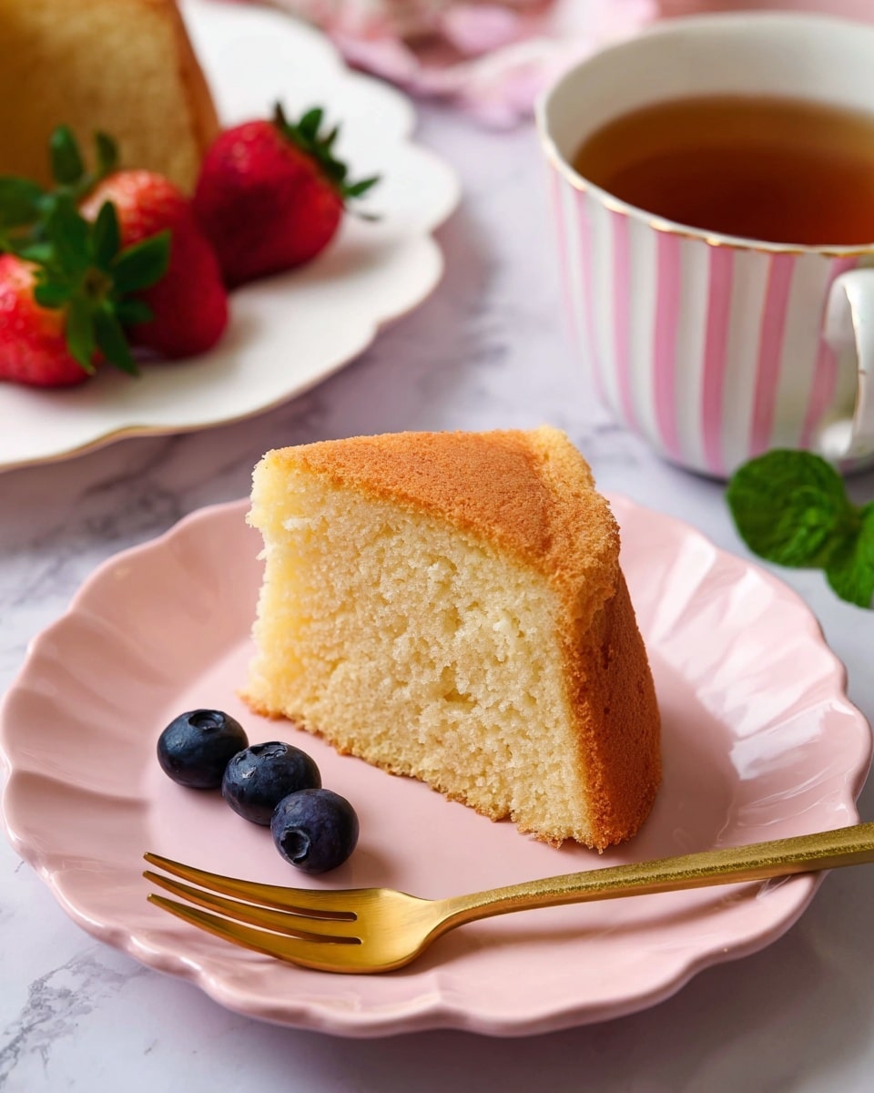A single slice of light-colored, moist sponge cake with a golden brown top sits on a soft pink plate that has a scalloped edge. Around the cake slice, there are three dark blue blueberries, including two close to the base of the cake and one near a small gold fork placed on the plate. Behind the cake slice, a strawberry with green leaves is visible, partially out of focus, resting on a white plate. To the right, a white teacup with pink vertical stripes holds a warm brown liquid with a golden spoon inside. The surface underneath everything is a white marbled texture. photo taken with an iphone --ar 4:5 --v 7