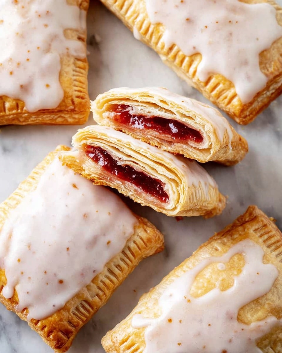 The image shows rectangular pastries with a golden-brown crust, some fully covered in a thick white glaze with visible tiny brown specks, while one pastry is cut in half to reveal two inner layers of golden-brown crust with a dark red jam filling between them. The pastries are arranged on a white marbled surface, and the glaze drips slightly over the edges of some pastries, giving a smooth and creamy texture contrast to the flaky crust. photo taken with an iphone --ar 4:5 --v 7