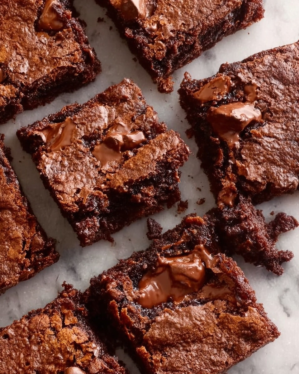 Several thick, square chocolate brownies are arranged closely together on a white marbled surface. Each brownie shows a rough, crumbly texture with cracked tops and melted chocolate pools shining dark brown on the surface. The edges look slightly crisp, while the inside parts are moist and rich with chocolate chunks visible. Some brownies are split, revealing the soft, dense interior and gooey fillings. Photo taken with an iphone --ar 4:5 --v 7