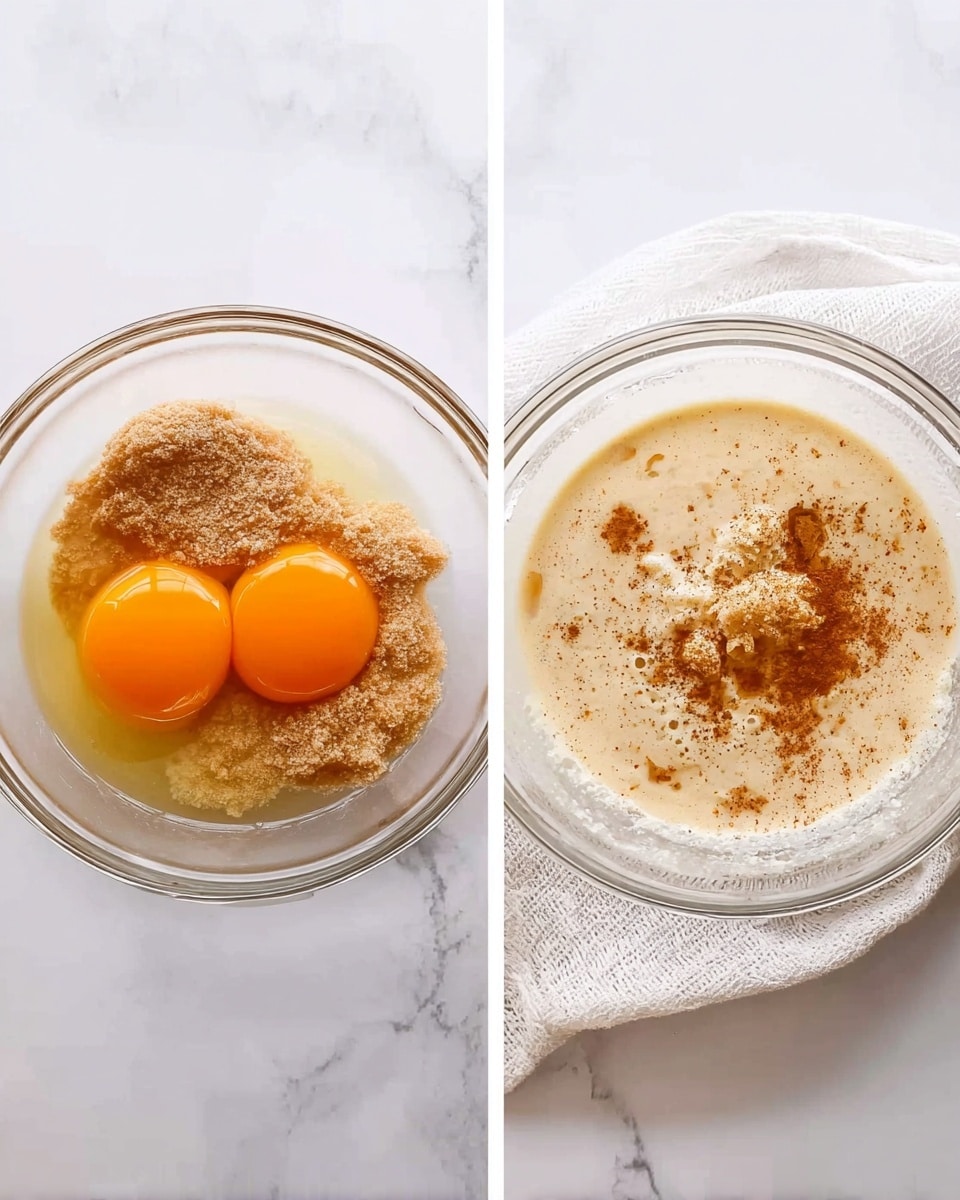 The image shows two clear glass bowls on a white marbled surface. The first bowl on the left contains two whole raw eggs with bright orange yolks sitting on light brown sugar and some light brown powder underneath. The ingredients are separate and not mixed. The second bowl on the right has the same mixture but now stirred together into a pale beige creamy liquid with some small clumps and a sprinkle of cinnamon powder on top. There is a white kitchen towel partially visible near the bowls. Photo taken with an iphone --ar 4:5 --v 7