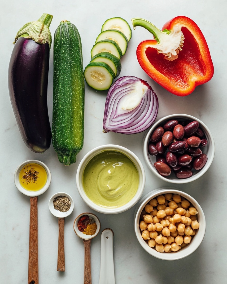 The image shows a clean white marbled surface with various fresh ingredients neatly arranged. On the left, there is a whole dark purple eggplant and next to it, a green zucchini partly sliced with even bright green slices stacked above it. To the right of the zucchini is a red bell pepper cut in half showing its white inside and seeds, topped with a curved green stem. Above the pepper is a halved red onion with purple and white layers visible. On the right side are three white bowls; the top one with a smooth green sauce, the middle one filled with dark red sliced olives, and the bottom one holding light tan round chickpeas. Below the pepper and zucchini are four spoons; two white ceramic spoons with spices and two wooden spoons with salt and different brown spices. In the middle is a small white bowl with yellow olive oil. The setup is balanced and bright, showing natural colors and textures of fresh produce photo taken with an iphone --ar 4:5 --v 7
