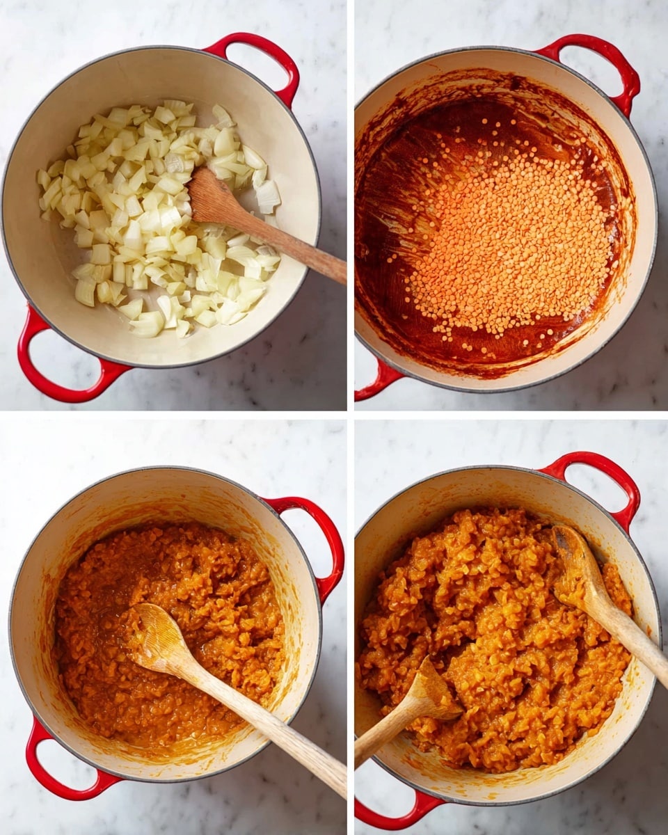 The image shows four steps of cooking in a red pot with a white inside on a white marbled surface. In the first part, the pot contains small, pale yellow chopped onions being stirred with a wooden spoon. In the second part, the onions are mixed with a thick reddish sauce, coating the pieces and the pot's inside walls. The third part shows the same mixture with added orange lentils on top, and the wooden spoon placed beside them. In the final part, the lentils and sauce have been combined into a thick, chunky orange mixture, with the wooden spoon resting on the side inside the pot. Photo taken with an iphone --ar 4:5 --v 7