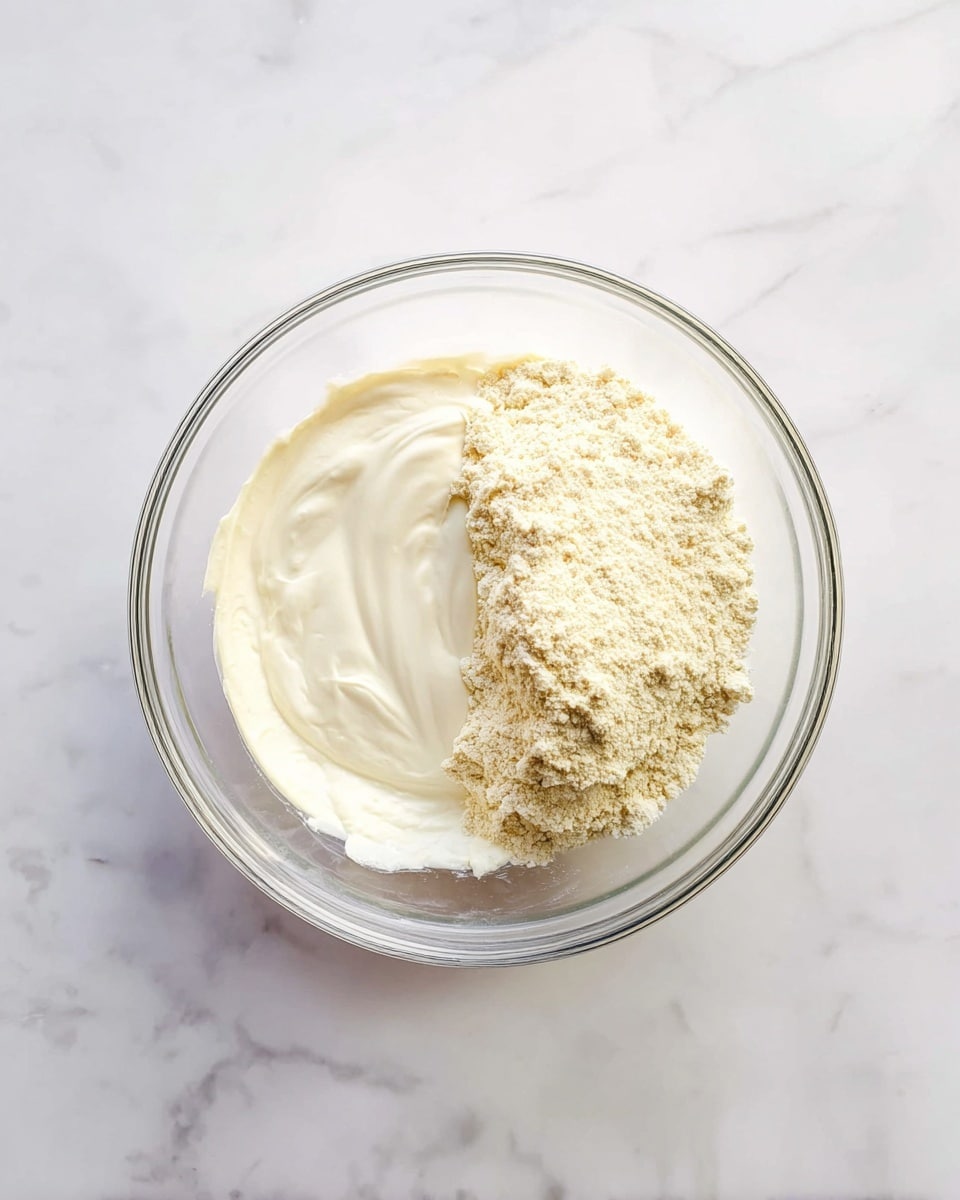 A clear glass bowl sits on a white marbled surface with two main layers inside: on the left is a smooth, thick off-white creamy layer with a soft texture, and on the right is a dry, crumbly light beige powder, both filling about half of the bowl each and positioned side by side, photo taken with an iphone --ar 4:5 --v 7