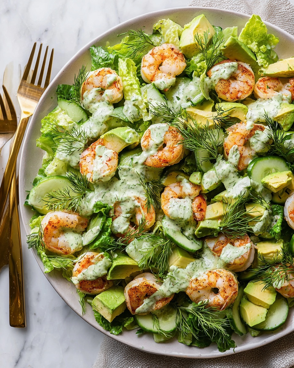 A large white plate holds a fresh shrimp salad arranged in layers: the bottom layer is bright green romaine lettuce leaves, followed by evenly scattered pieces of avocado with pale green creamy texture, and sliced cucumber with a translucent green color. On top are plump, pink-orange cooked shrimp with light char marks, dotted across the salad. Creamy green herb dressing is drizzled generously over the shrimp and vegetables. Small sprigs of fresh dill add fine dark green detail across the top. The plate sits on a white marbled surface beside vintage-style gold salad forks. The overall look is fresh, vibrant, and colorful. photo taken with an iphone --ar 4:5 --v 7