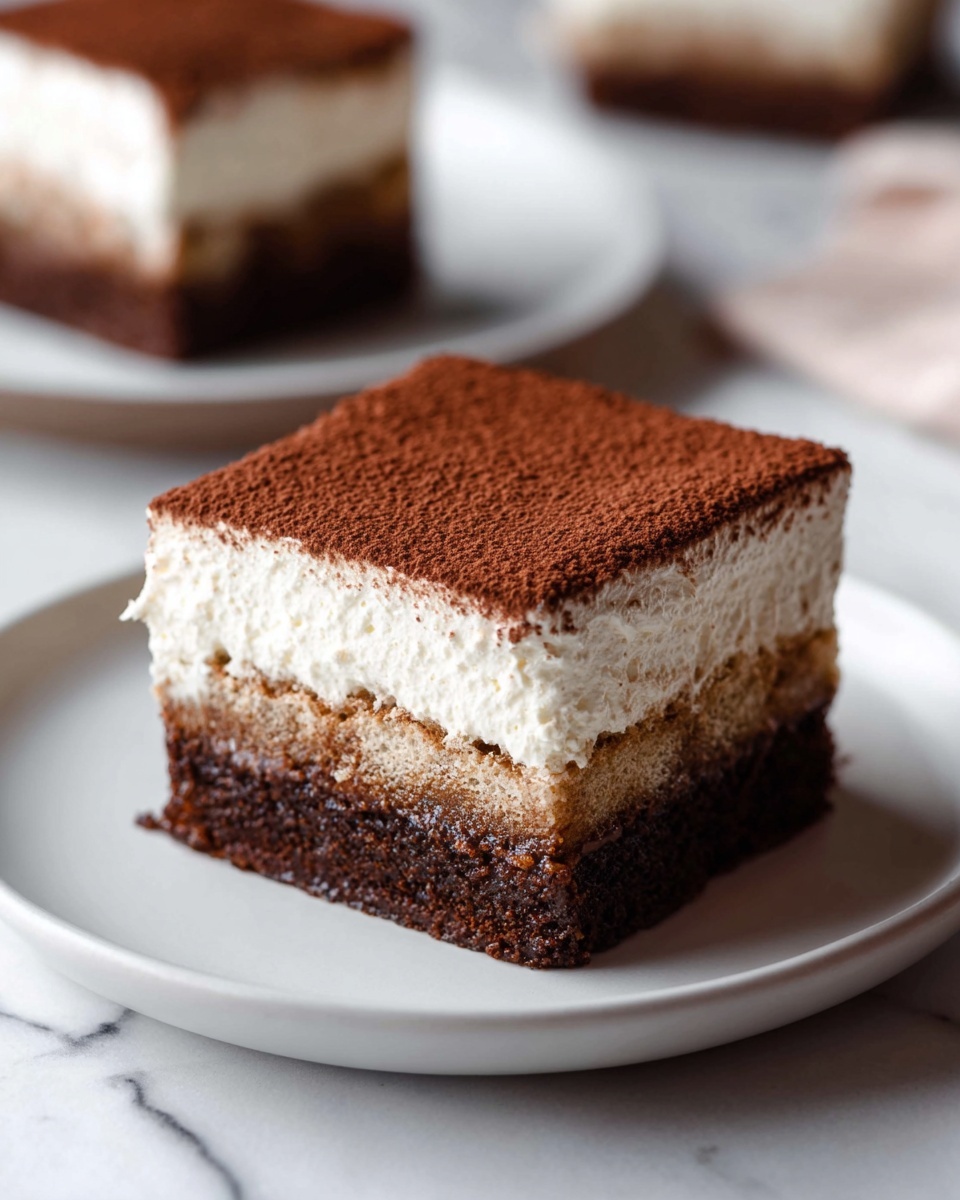 A square dessert with three layers sits centered on a white plate placed on a white marbled surface. The bottom layer is dark brown and looks dense and moist like a chocolate cake. The middle layer is lighter brown and textured, resembling a soft sponge or biscuit. The top layer is thick and creamy white, smooth and fluffy, dusted evenly with a fine cocoa powder that gives a rich brown color on top. The edges of the dessert are clean and straight. In the blurred background, there is another piece of the same dessert. photo taken with an iphone --ar 4:5 --v 7