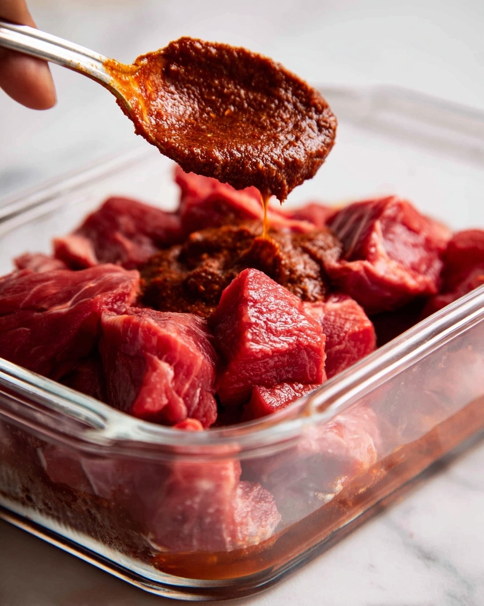 The image shows a close-up of raw red meat chunks placed in a clear glass container forming the bottom layer. Above the meat, a thick, dark reddish-brown sauce with a coarse texture is being poured from a spoon into the container, covering the meat pieces unevenly. The background is a white marbled surface, adding brightness to the scene. A woman's hand is visible holding the spoon, which is coated with the rich sauce. Photo taken with an iphone --ar 4:5 --v 7