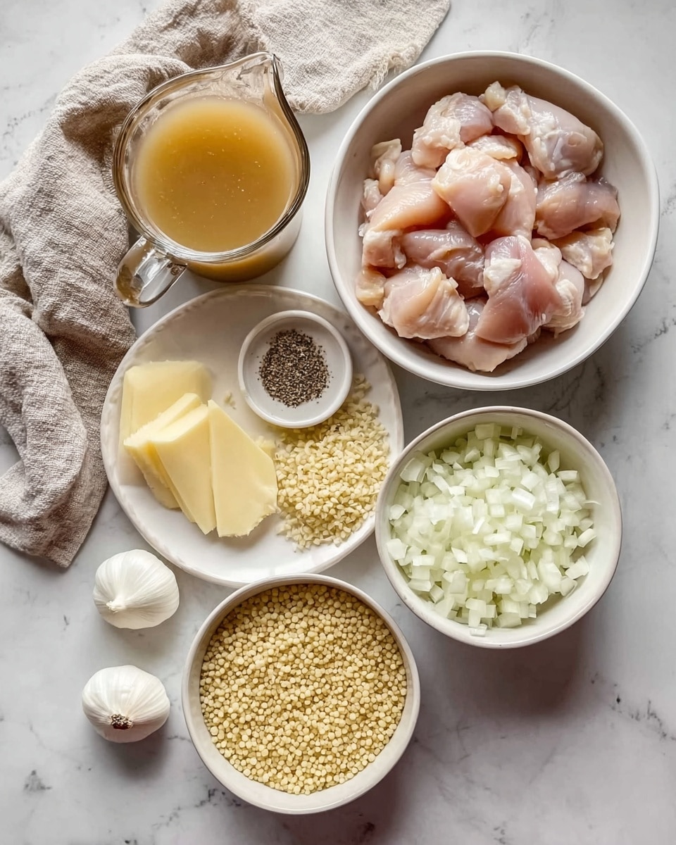 The image shows various cooking ingredients arranged on a white marbled surface. There is a white bowl filled with raw chicken pieces on the upper right. Below it, a white bowl holds chopped white onions. Next to it on the left, another white bowl contains small pasta or orzo grains. To the left of that is a plate with thin slices of pale yellow cheese. Above the cheese, there are two peeled whole garlic cloves and a small pile of ground black pepper on the surface. A beige cloth is placed on the left side of the image, and a clear glass pitcher with light brown broth or stock is at the top left. Two small scoops of soft cream or butter sit on the surface to the right of the pasta bowl. Photo taken with an iphone --ar 4:5 --v 7