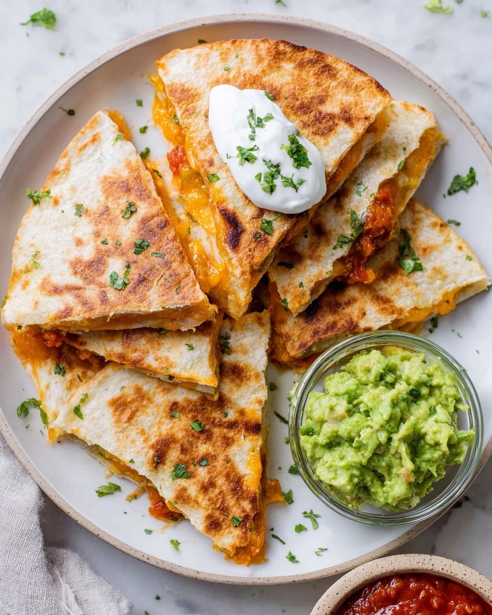 A white plate holds six triangular quesadilla pieces stacked in a loose pile, each piece showing a golden-brown grilled outer tortilla with melted orange cheese peeking out from the edges. One quesadilla triangle on top has a dollop of white sour cream with green herb garnish. A clear glass bowl filled with chunky green guacamole sits on the plate alongside the quesadillas. Small green herb pieces are sprinkled over the plate and quesadillas. Next to the plate is a small beige bowl of red salsa, and a bit of extra salsa is spread on the white marbled surface below. photo taken with an iphone --ar 4:5 --v 7