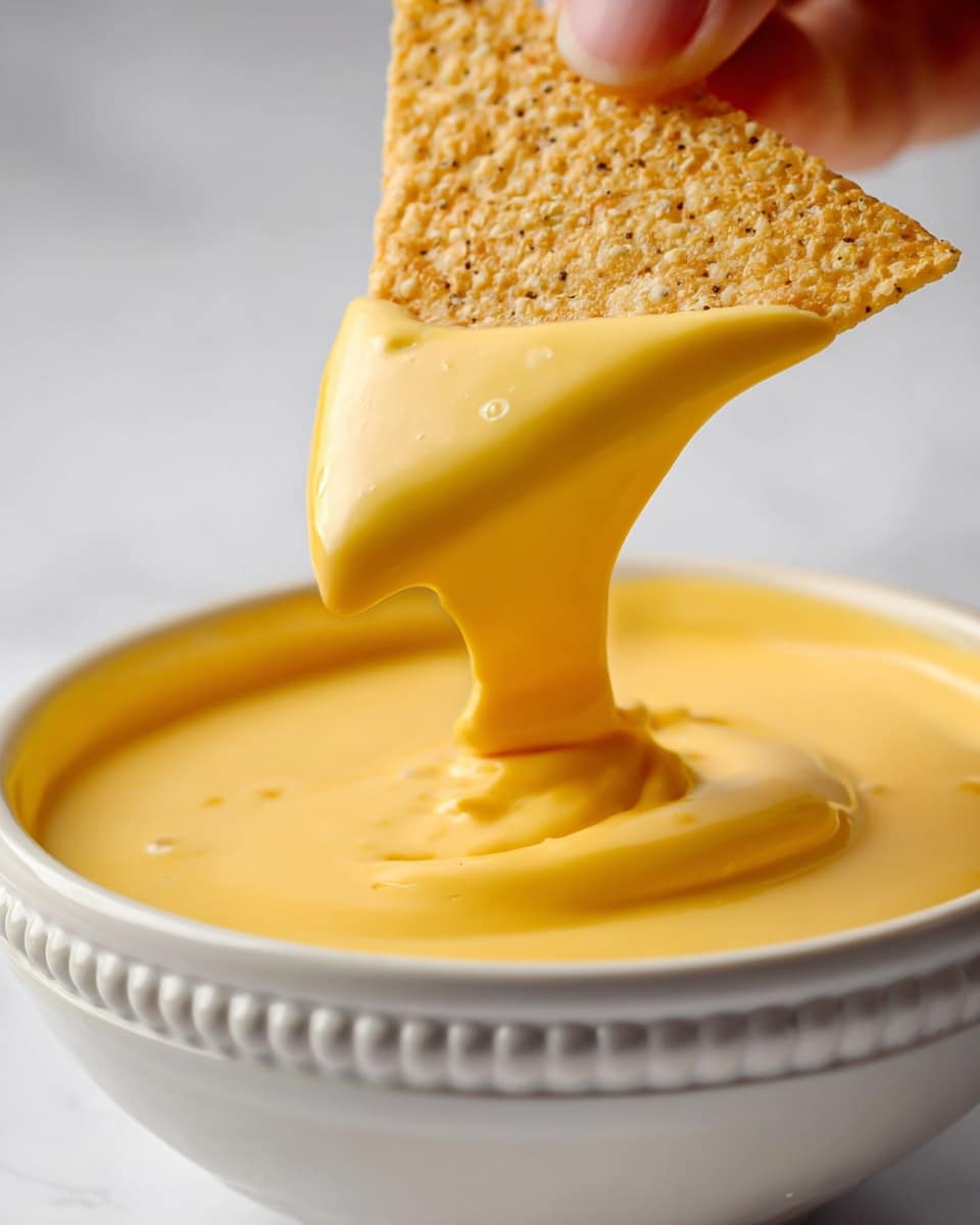 A thick, creamy yellow cheese sauce is shown in a white bowl with a decorative edge, sitting on a white marbled surface. A triangle-shaped rice snack with a bumpy texture and light beige color is being dipped into the cheese sauce by a woman's hand, causing the sauce to drip slightly down from the snack’s tip. The cheese sauce has a smooth texture with tiny air bubbles, and the overall lighting highlights the glossy surface of the cheese and the detailed texture of the snack. photo taken with an iphone --ar 4:5 --v 7