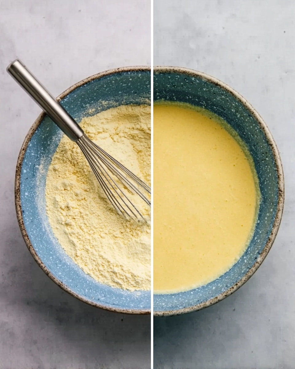 A side-by-side image shows the process of mixing ingredients in a blue bowl with speckled edges, placed on a white marbled surface. The left side shows a dry mixture with an uneven powder texture in pale yellow color, with a metal whisk partially buried within. The right side shows the same bowl with a smooth yellow batter mixed evenly, and the whisk resting inside. The bowl has a rough, handmade look with blue inside and grayish outer edges. photo taken with an iphone --ar 4:5 --v 7
