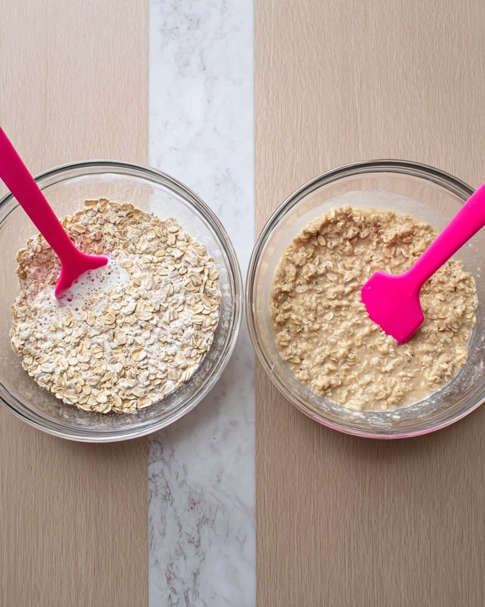 Two clear glass bowls sit side by side on a white marbled surface: the left bowl contains dry light beige rolled oats with some white liquid partially poured over the oats and a bright pink spatula resting inside, showing a rough oat texture; the right bowl holds the same rolled oats now mixed with the liquid, creating a smooth, wet beige oatmeal mixture with tiny bubbles on top and the same bright pink spatula placed in the center; both bowls have clear walls and the spatula handles extend out diagonally to the right. photo taken with an iphone --ar 4:5 --v 7
