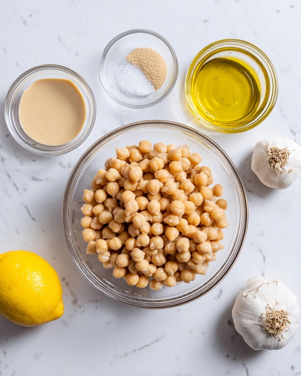 A clear glass bowl is filled with round, beige chickpeas, sitting in the middle on a white marbled surface. Surrounding the bowl are ingredients arranged neatly: on the left side, a small clear glass bowl with a light tan creamy sauce below and a clear container with golden olive oil above it; on the right side, two whole white garlic bulbs, a small clear bowl of white salt above, and a bright yellow lemon below. The lighting is soft and bright, showing the smooth and slightly shiny textures of the chickpeas and the fresh look of the vegetables. Photo taken with an iphone --ar 4:5 --v 7