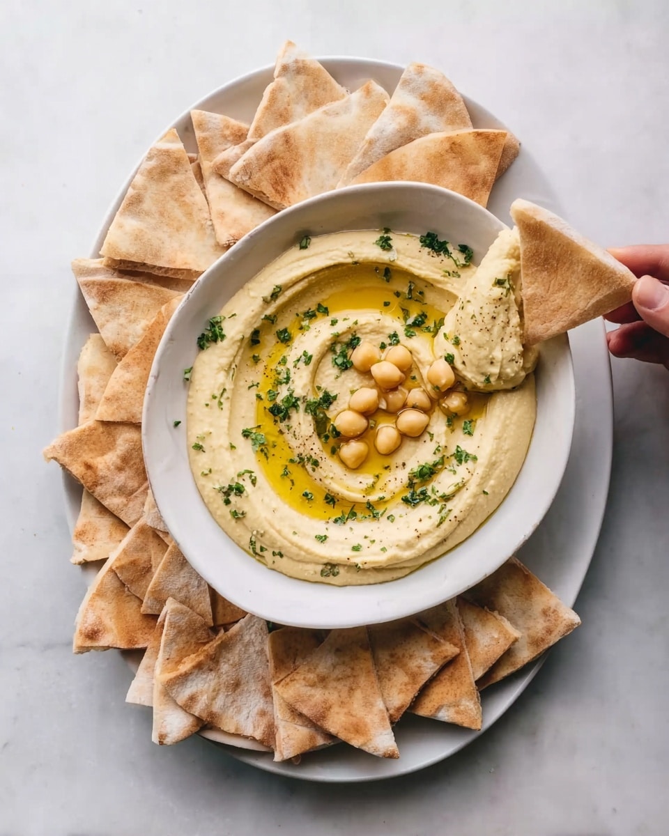 The image shows a white oval plate with a round white bowl in the center filled with creamy light yellow hummus. The hummus has swirls and small pools of golden olive oil on top. There are a few whole chickpeas and green chopped herbs sprinkled over the hummus. Around the bowl, pieces of light beige pita bread are neatly arranged in a circle. A woman's hand is holding one pita piece close to the bowl. The plate is placed on a white marbled surface. photo taken with an iphone --ar 4:5 --v 7