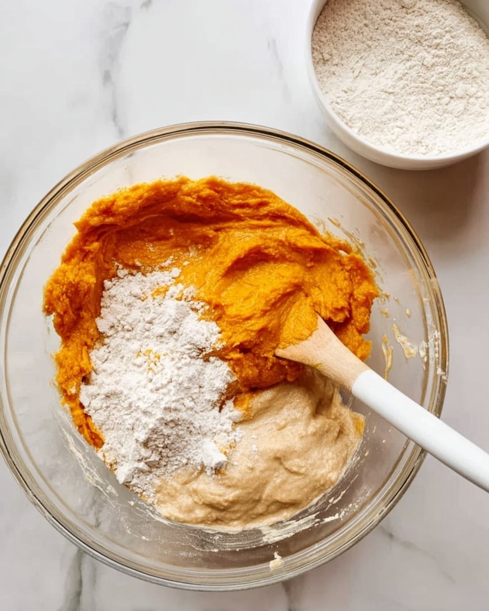 The image shows a clear glass bowl on a white marbled surface, containing a mixture of ingredients. There are three visible layers in the bowl: a beige dough layer at the bottom, an orange smooth pumpkin layer placed on top in the middle, and some white flour sprinkled on top of the pumpkin layer. A wooden spoon with a white handle is resting inside the bowl, with its tip partially buried in the mixture. A white cup filled with flour is placed nearby in the background. Photo taken with an iphone --ar 4:5 --v 7