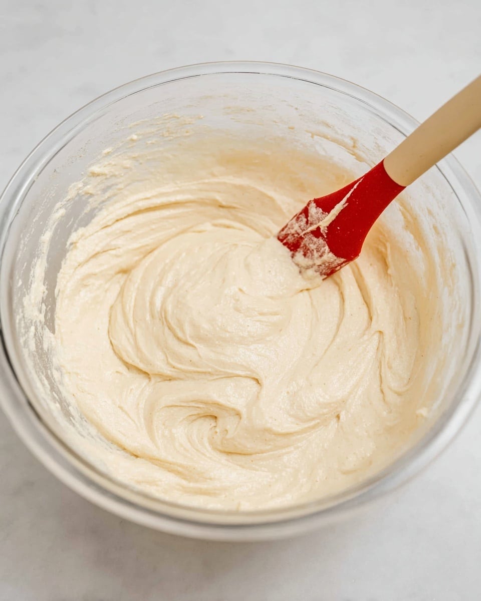 A clear glass bowl filled with light cream-colored smooth batter that has a fluffy texture. Inside the batter, there is a red and beige spatula partially dipped on the right side, with some batter sticking to its surface. The batter is spread unevenly with soft swirls and peaks visible on the surface. The bowl rests on a white marbled surface. photo taken with an iphone --ar 4:5 --v 7