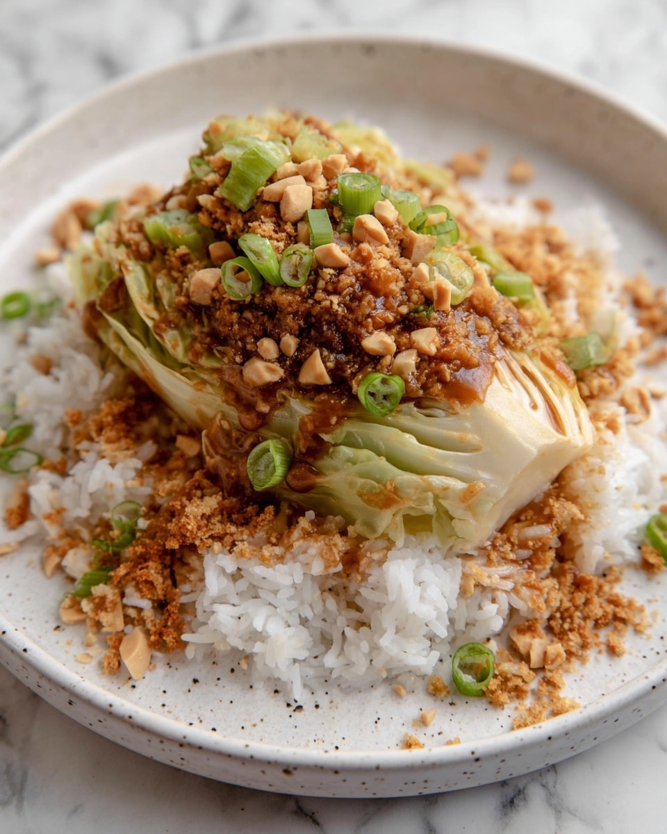 A close-up of a dish with three main layers: the bottom layer is fluffy white rice, spread evenly on a white plate with a light speckled pattern; the middle layer is a wedge of cooked cabbage with a soft, pale green and slightly brown color, placed on top of the rice; the top layer is a thick brown sauce drizzled over the cabbage, sprinkled with crunchy golden-brown bits and roughly chopped peanuts, along with thin slices of green onion adding a fresh pop of green color. The plate rests on a white marbled surface. photo taken with an iphone --ar 4:5 --v 7