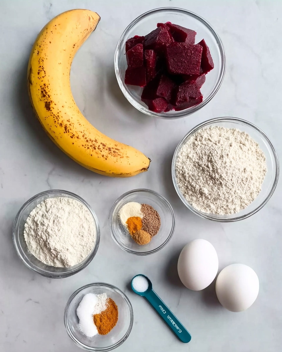 The image shows six separate glass bowls and two eggs placed on a white marbled surface. At the top left, there is a ripe, yellow banana with brown spots. To the right of the banana is a clear glass bowl filled with dark red beet chunks. Below this bowl is a larger clear glass bowl containing white flour. At the bottom left, a small clear glass bowl holds a white powdery substance, likely baking powder or soda. Next to it, another small clear glass bowl contains a mix of orange and white powders, possibly spices or seasoning. Between these, there is a teal measuring spoon filled with brown sugar. In the center of the image, two whole white eggs sit on the surface. The composition is neat and evenly spaced. Photo taken with an iphone --ar 4:5 --v 7