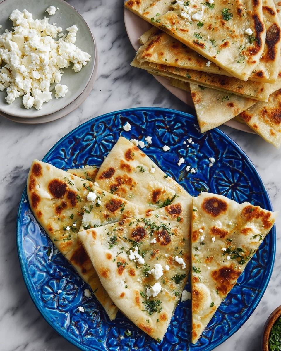 A blue decorative plate holds four triangular pieces of flatbread with golden brown spots, each sprinkled with green herbs and crumbled white cheese. Above the plate, more triangular pieces of flatbread are stacked in a fanned-out shape. To the left, a small white plate contains additional crumbled white cheese. The background is a white marbled surface. photo taken with an iphone --ar 4:5 --v 7