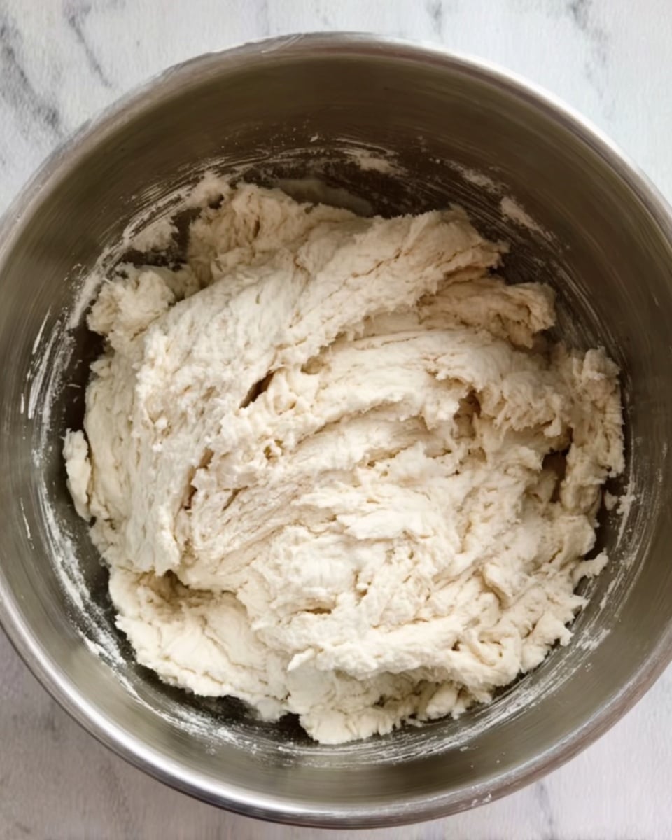 A close-up view of a metal bowl filled with uneven, rough textured dough that is pale off-white in color, showing folds and crumbles stacked inside the bowl. The dough looks soft and slightly sticky with a rustic, unfinished appearance. The metal bowl has a reflective surface with signs of use, placed on a white marbled texture background. Photo taken with an iphone --ar 4:5 --v 7