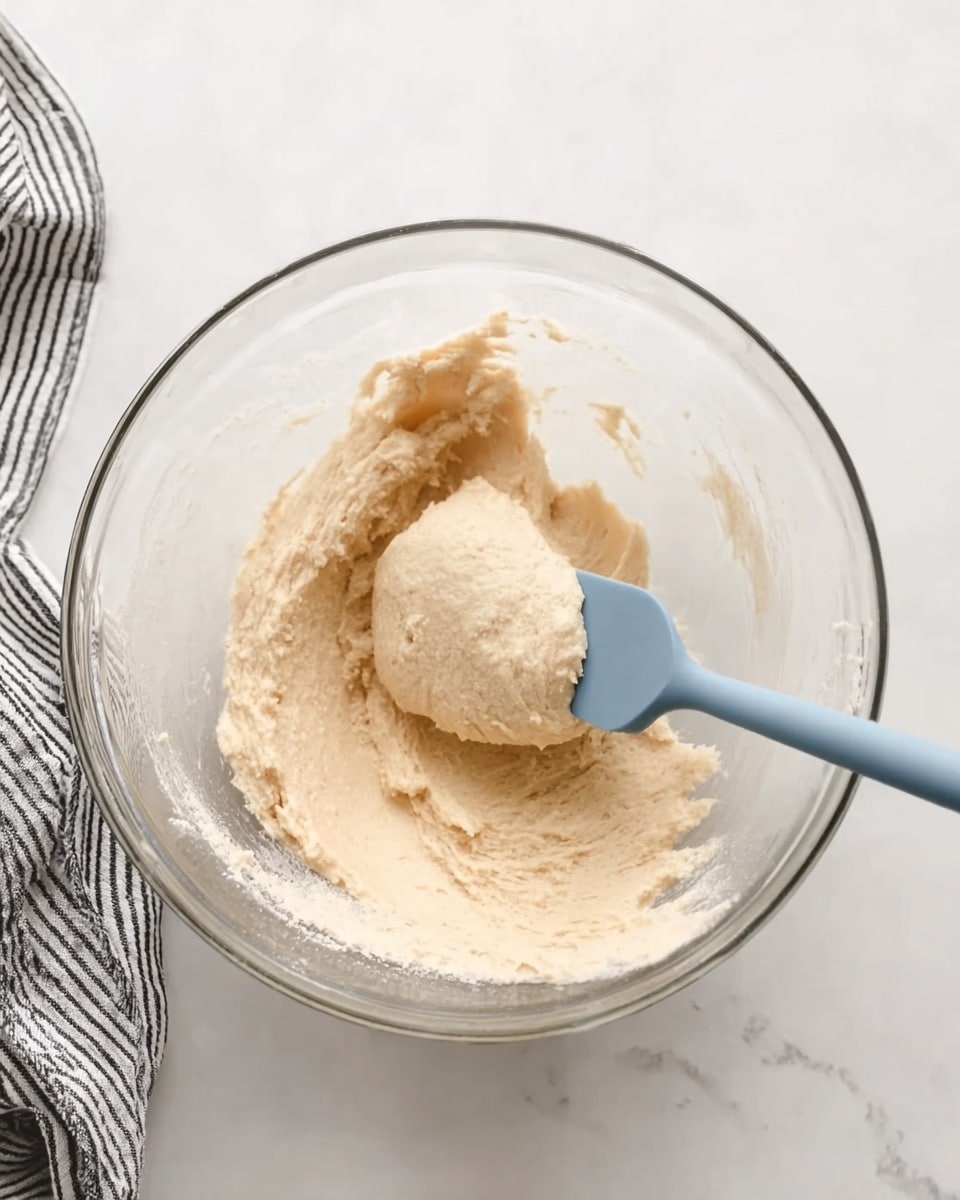 A clear glass bowl sits on a white marbled surface, holding a smooth, light beige dough with a soft texture. A soft blue silicone spatula rests inside the bowl, partially lifting the dough with its flat side, showing a creamy and thick consistency. A folded black and white striped cloth is placed near the top left corner of the image. The overall scene is bright and clean. photo taken with an iphone --ar 4:5 --v 7