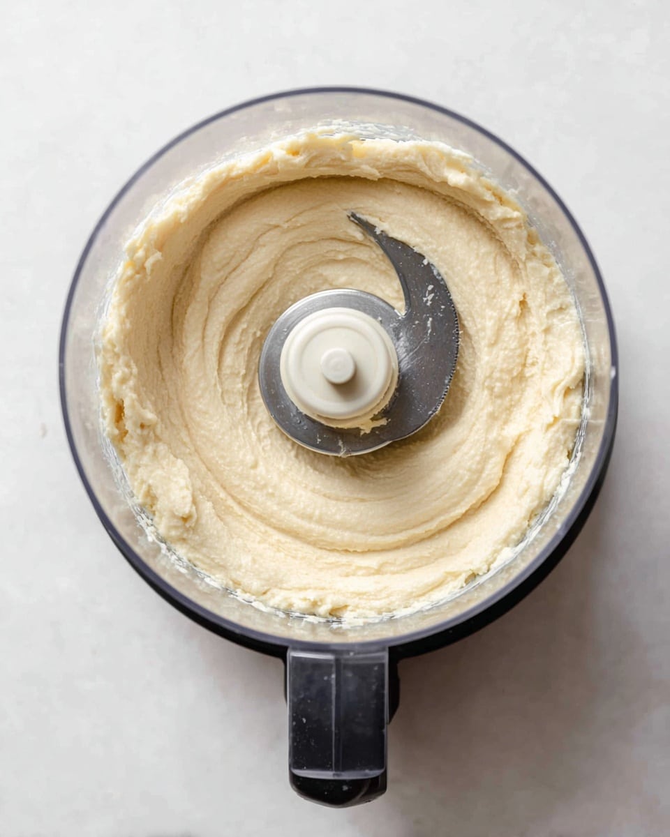 The image shows a close-up top view of a food processor filled with a smooth, creamy light beige mixture spread evenly inside. The mixture has a thick and slightly fluffy texture, swirled around the sharp silver blade in the center. The food processor bowl is clear plastic, sitting on a black base, and the whole setup is on a white marbled surface. The clean, creamy mixture looks freshly blended with soft ridges made by the blade's movement. photo taken with an iphone --ar 4:5 --v 7