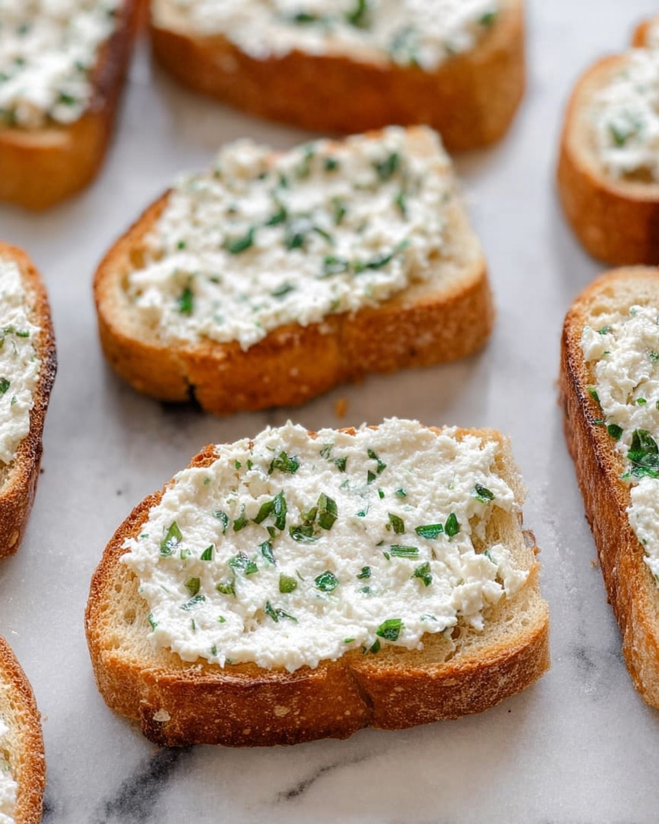 The image shows several slices of toasted bread arranged in rows on a white marbled surface. Each slice has a thick layer of white ricotta cheese spread on top, mixed with small green bits of herbs, creating a creamy and textured look. The bread is light golden brown around the edges with a crunchy texture visible, and the cheese topping looks soft and fluffy. The slices are close together and lined up clearly, focusing on the front slice with the others gently fading into the background. photo taken with an iphone --ar 4:5 --v 7